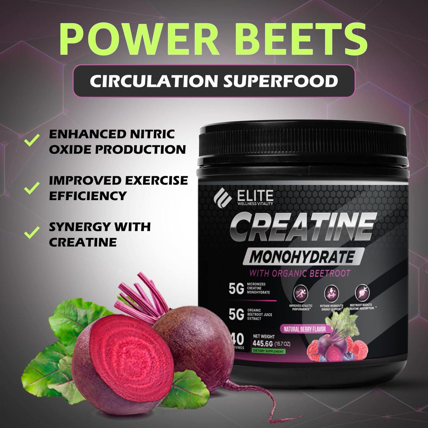 Elite Wellness Vitality Berry Flavor Creatine Monohydrate with Organic Beetroot Supplement Powder 40