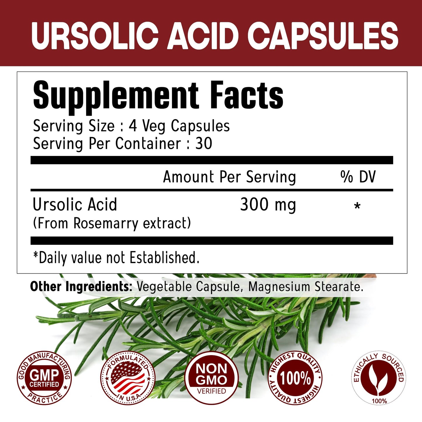 Immortal Herbs Pure Ursolic Acid Supplement Capsules 150 Count