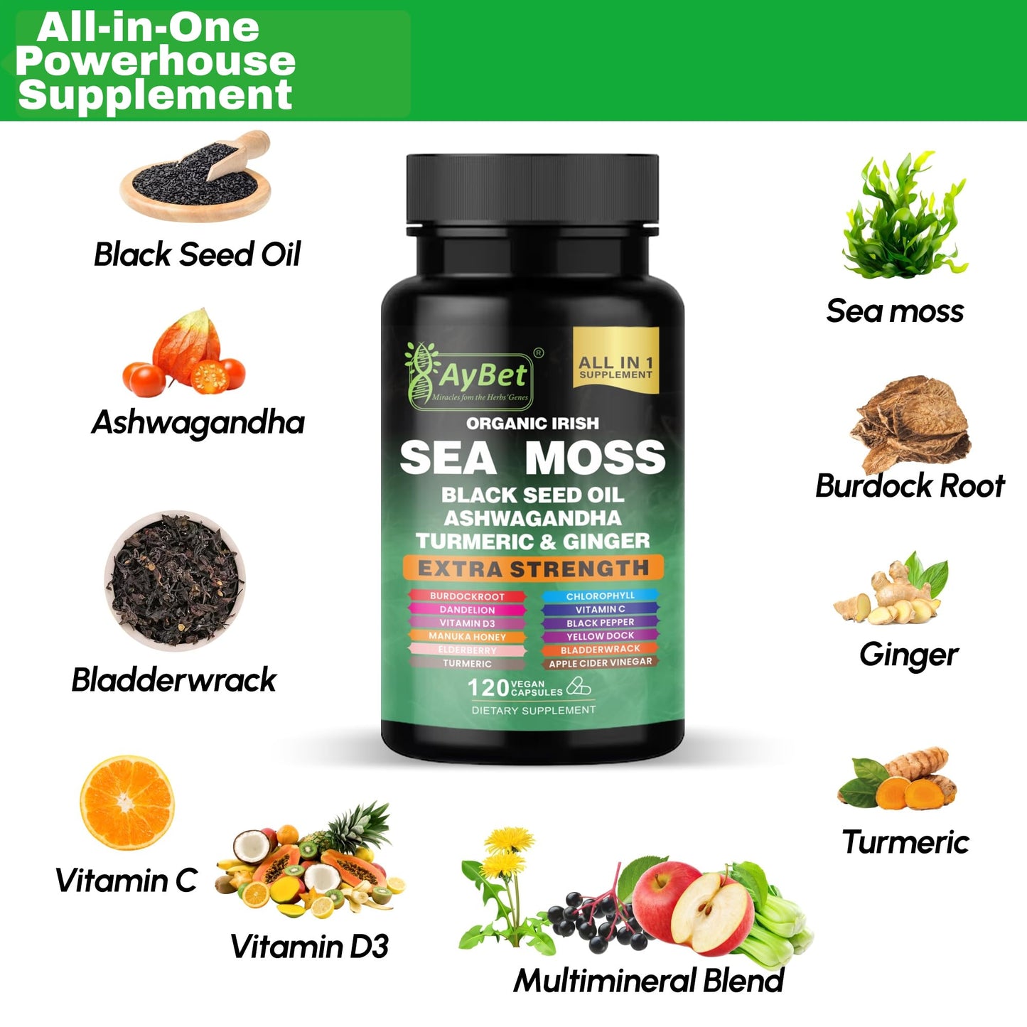 AyBet Organic Irish Sea Moss Capsules 120 Count – 16 in 1 Sea Moss Supplement with Black Seed Oil, Ashwagandha, Turmeric & Ginger, Bladderwrack & Burdock Root, Vitamin D3 – Organic, Vegan, Halal, Non-GMO