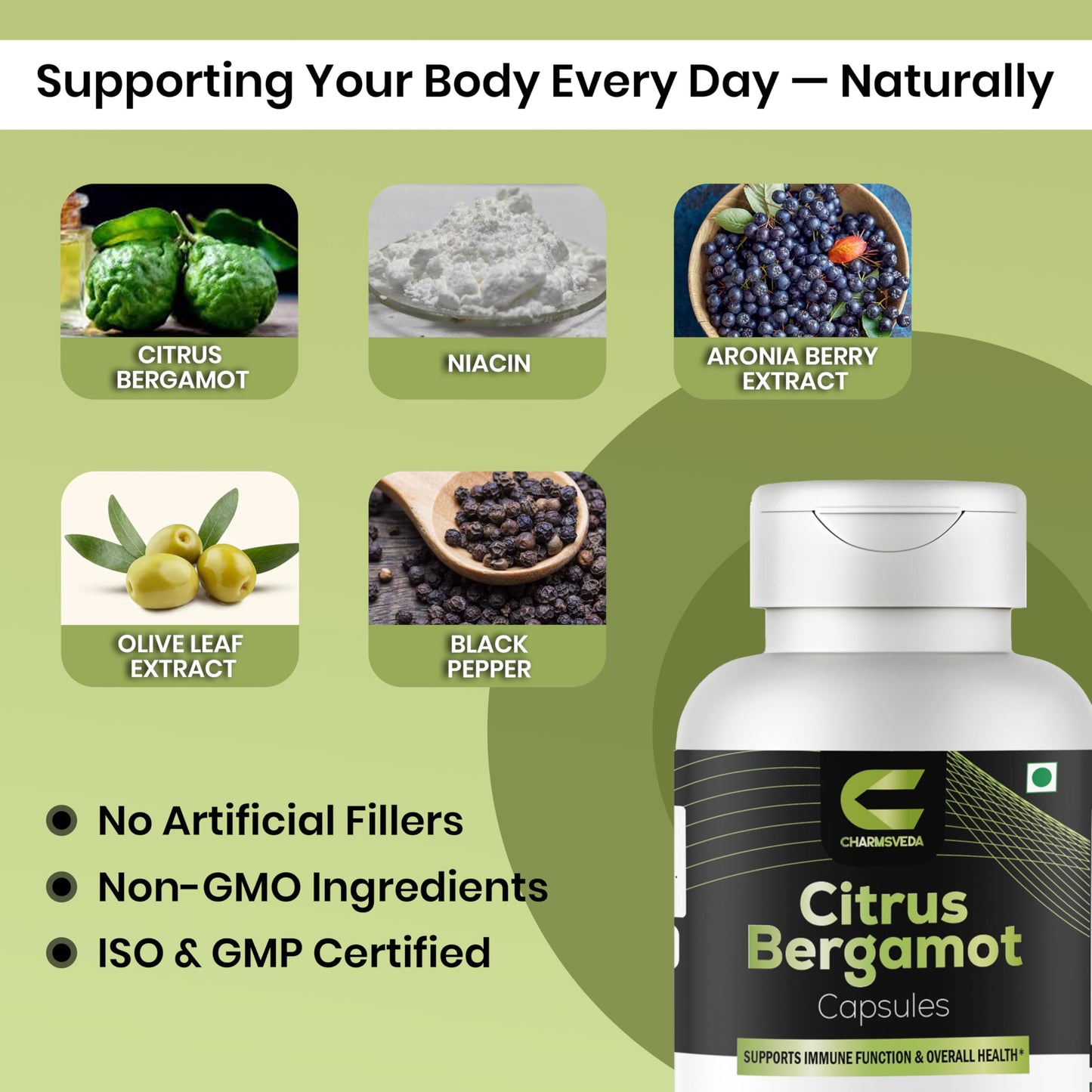 CHARMSVEDA Citrus Bergamot with Niacin & Aronia Berry – Advanced Liver Health, Immune & Heart Support – Olive Leaf & Black Pepper Extract – 60 Vegan Capsules