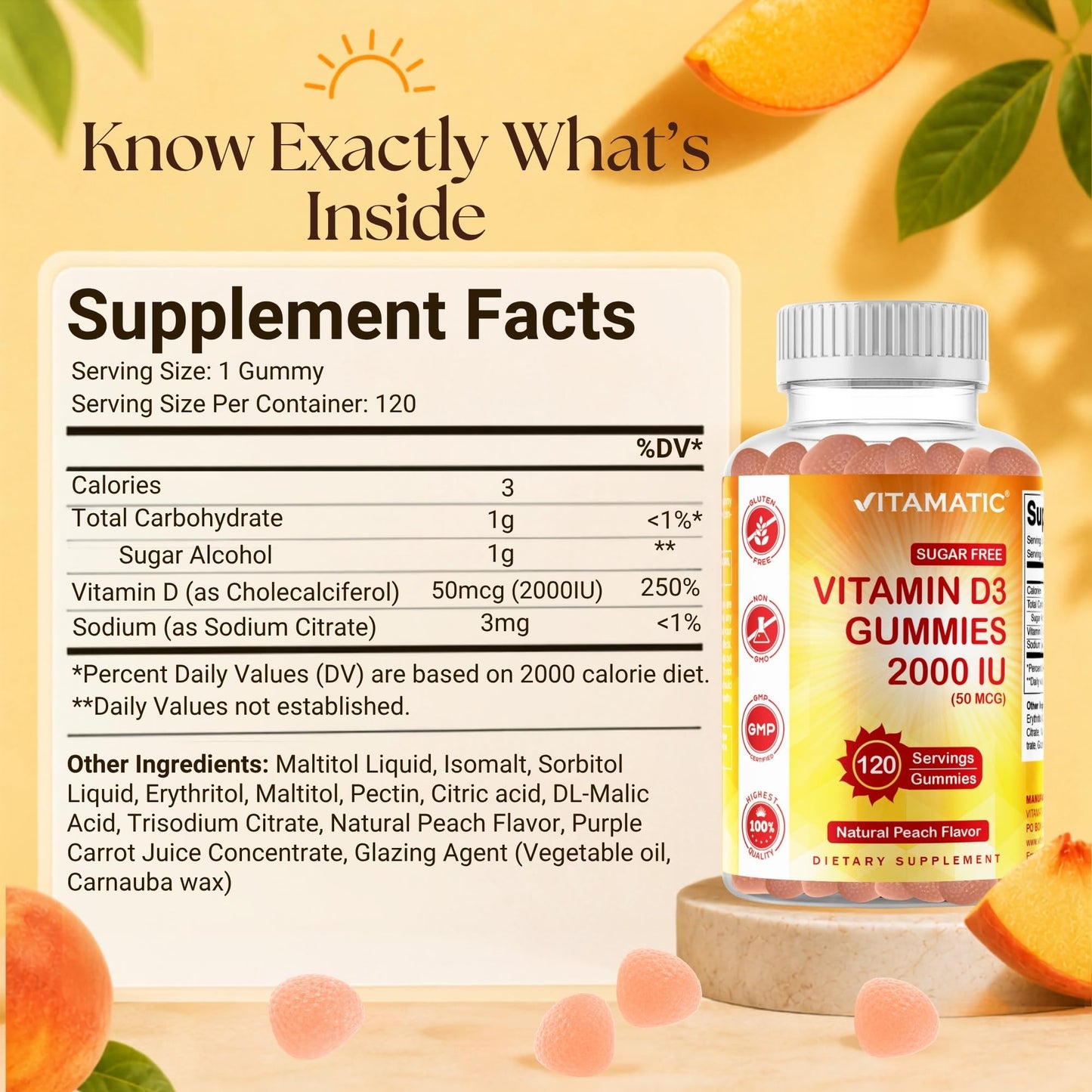 Vitamatic Sugar Free Vitamin D3 2000 IU Gummies, 240 Count