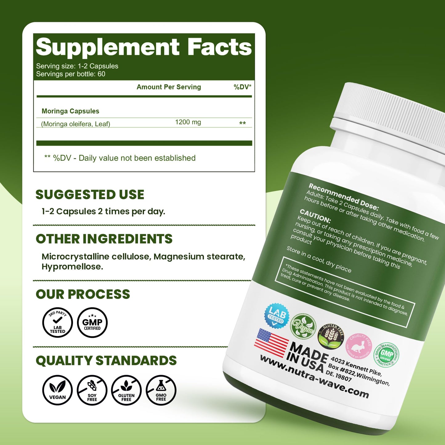 Nutra Wave Organic Moringa Capsules 1200mg – Pure Moringa Oleifera Leaf Supplement Energy, Immune & Lactation Support – Antioxidants & Amino Acids for Women & Men, Non-GMO, Vegan, 120 Capsules