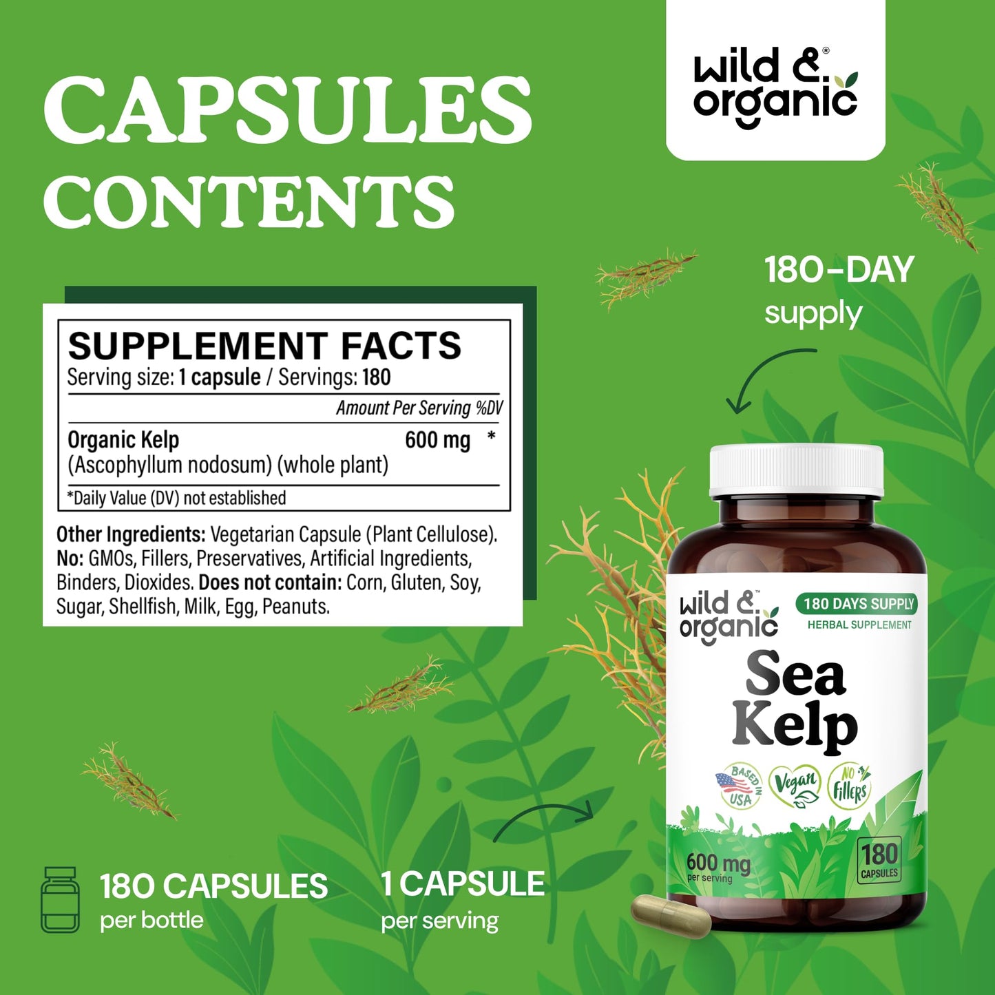 Wild & Organic Sea Kelp Capsules 600 mg, 180 Count