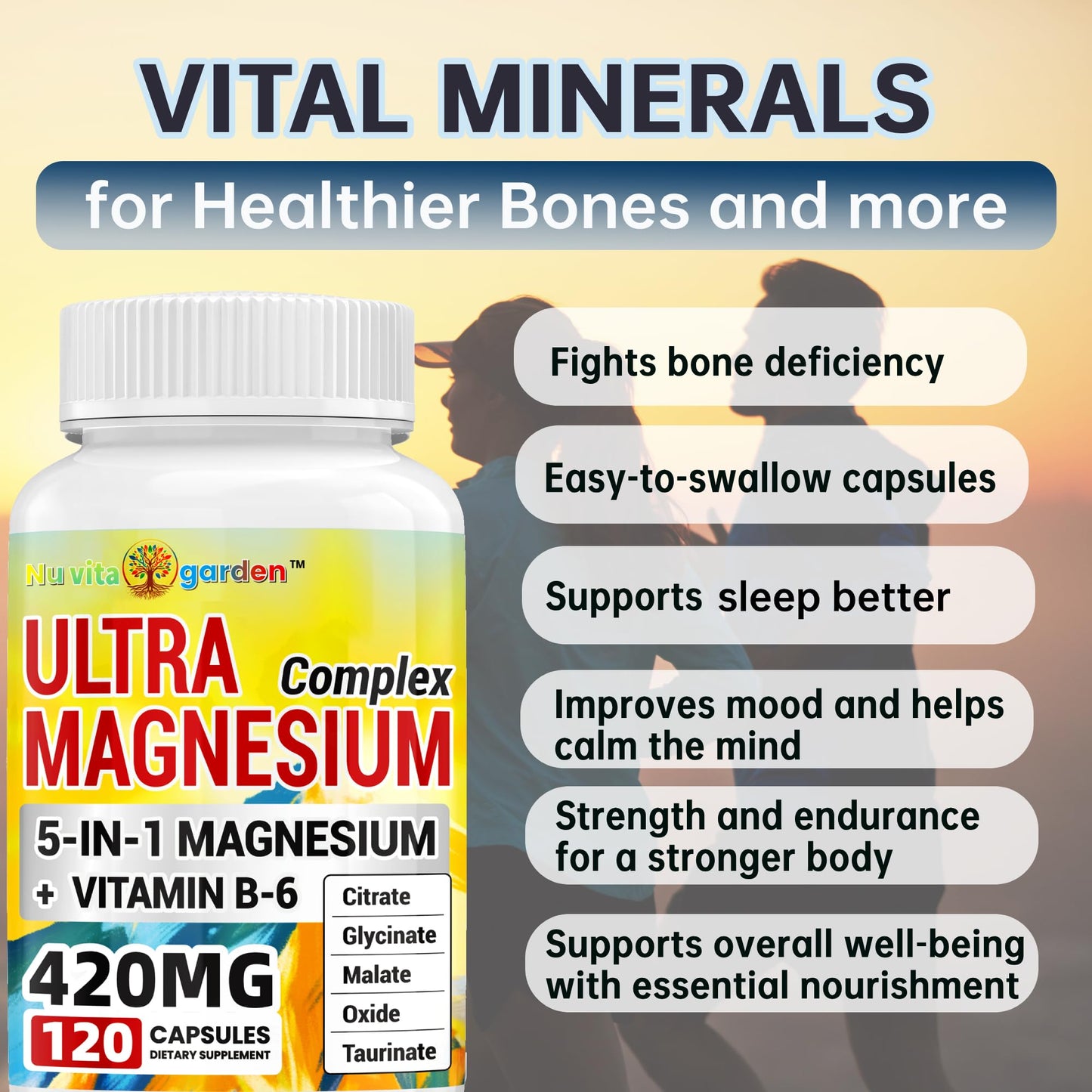 NoMiLu 5-in-1 Magnesium Complex 420mg with Vitamin B6, Chelated Glycinate, Malate, Citrate, Taurate & Oxide, High Absorption, 120 Capsules