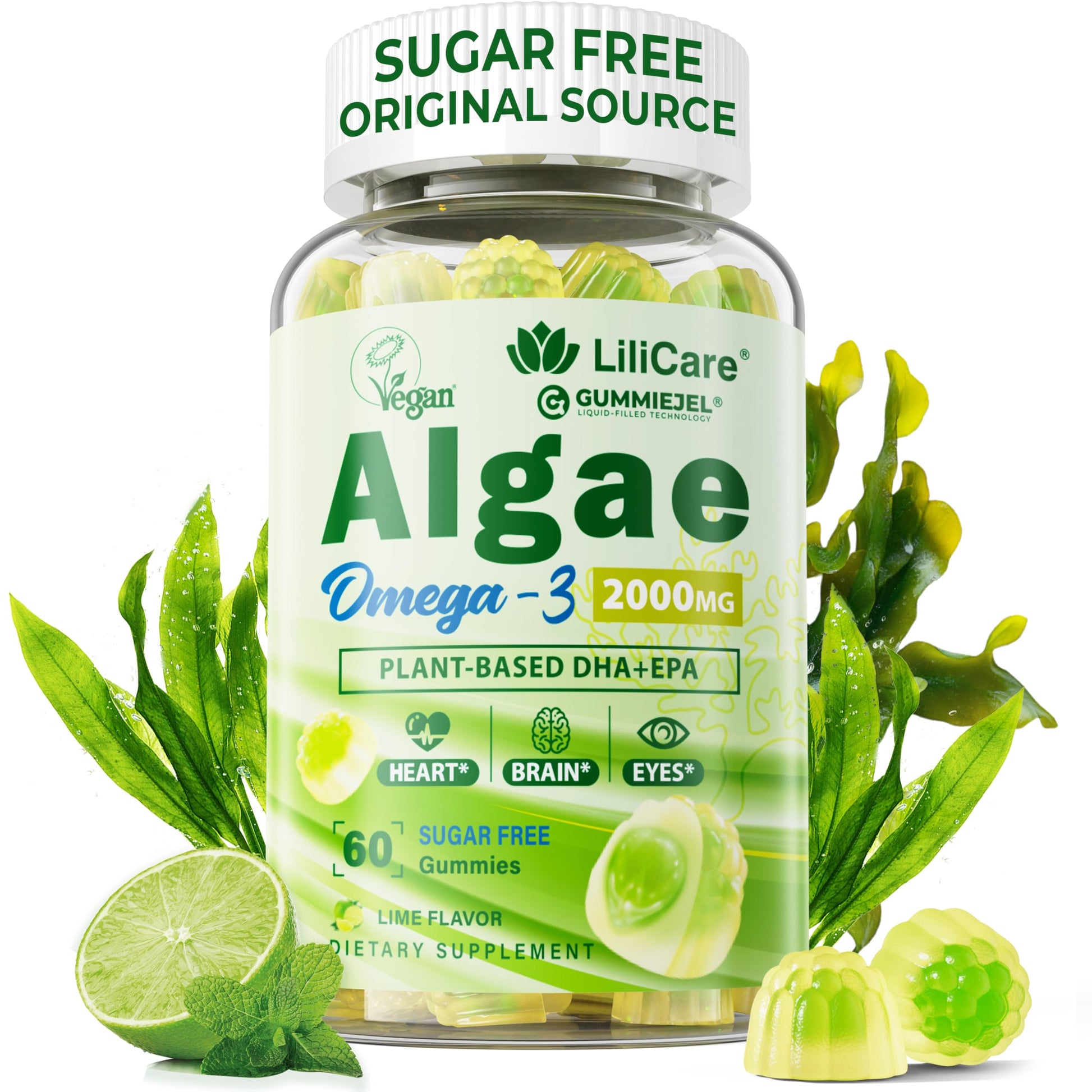 LILICARE Omega 3 Gummies 2200mg from Algae Oil (DHA 640mg & EPA 290mg), 60 Count