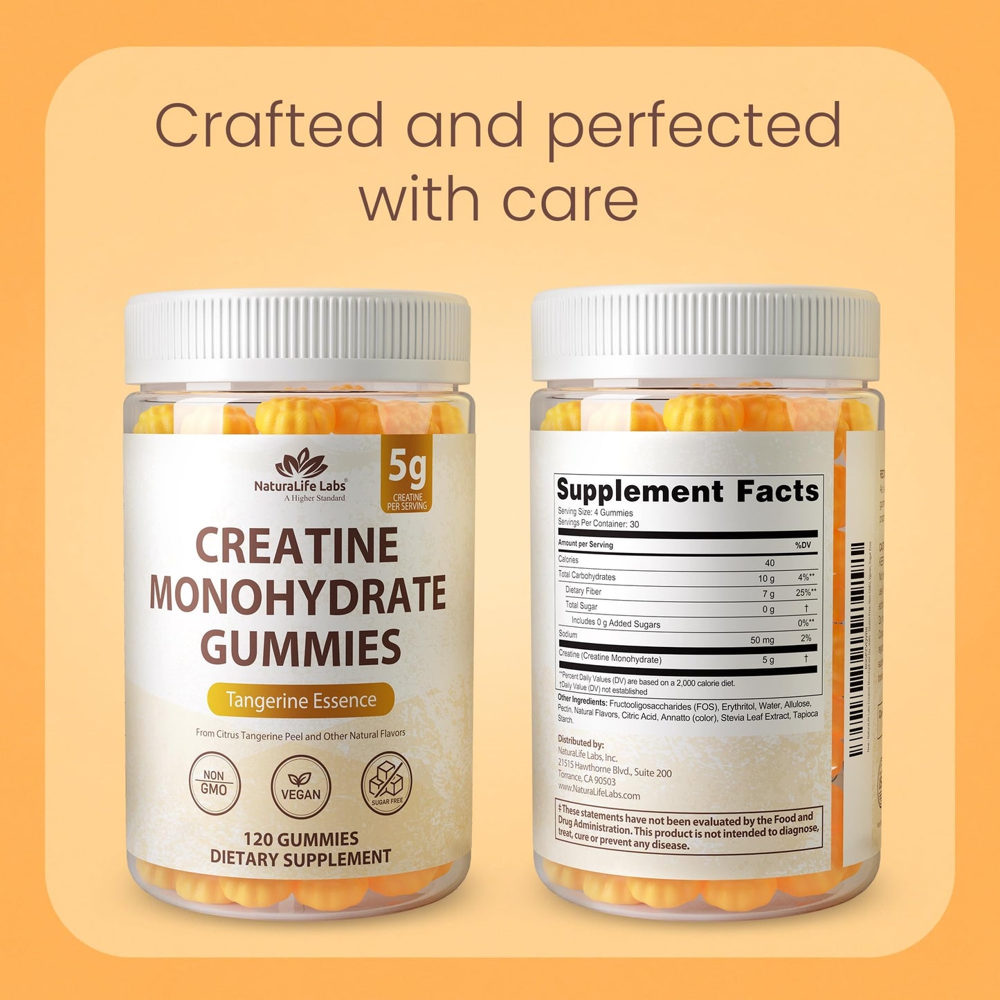 NaturaLife Labs Creatine Monohydrate Gummies - 5g per Serving - Tangerine Flavor - Gluten-Free, Non-GMO, Vegan, Sugar Free - 120 Gummies