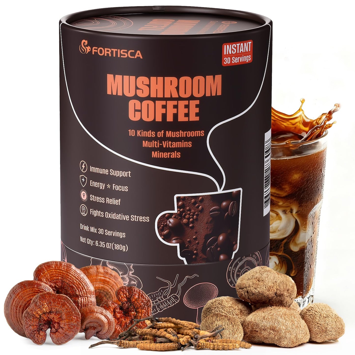FORTISCA Mushrooms Coffee 10 in 1 (Lion's Mane, Cordyceps, Turkey Tail & Other) Ashwagandha Magnesium Multivitamins Mushroom Instant Coffee Powder 6.35 oz