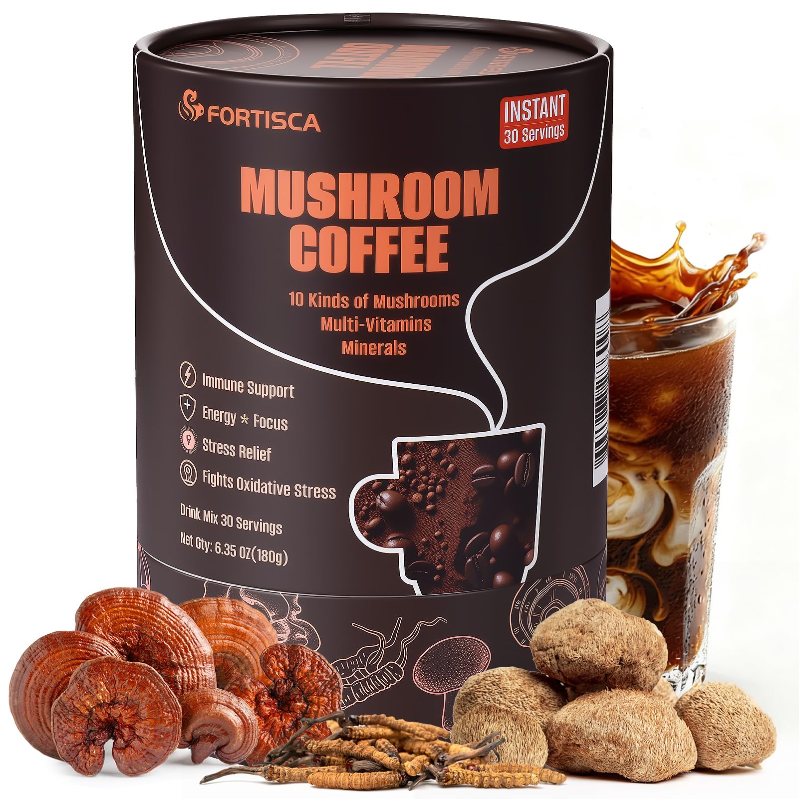 FORTISCA Mushroom Coffee 10 in 1 with Lion's Mane, Cordyceps, Turkey Tail & Other, Ashwagandha Magnesium Multivitamins Instant Coffee Powder, 6.35 oz