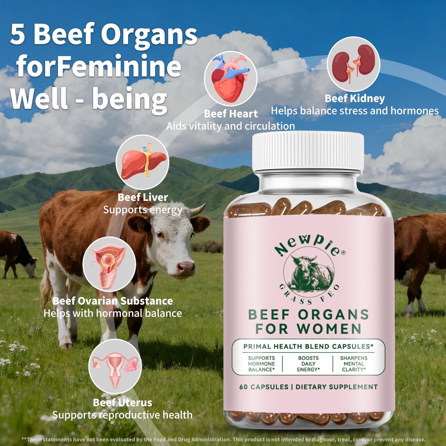 Newpie Grass Fed Beef Liver Capsules, 60 Count