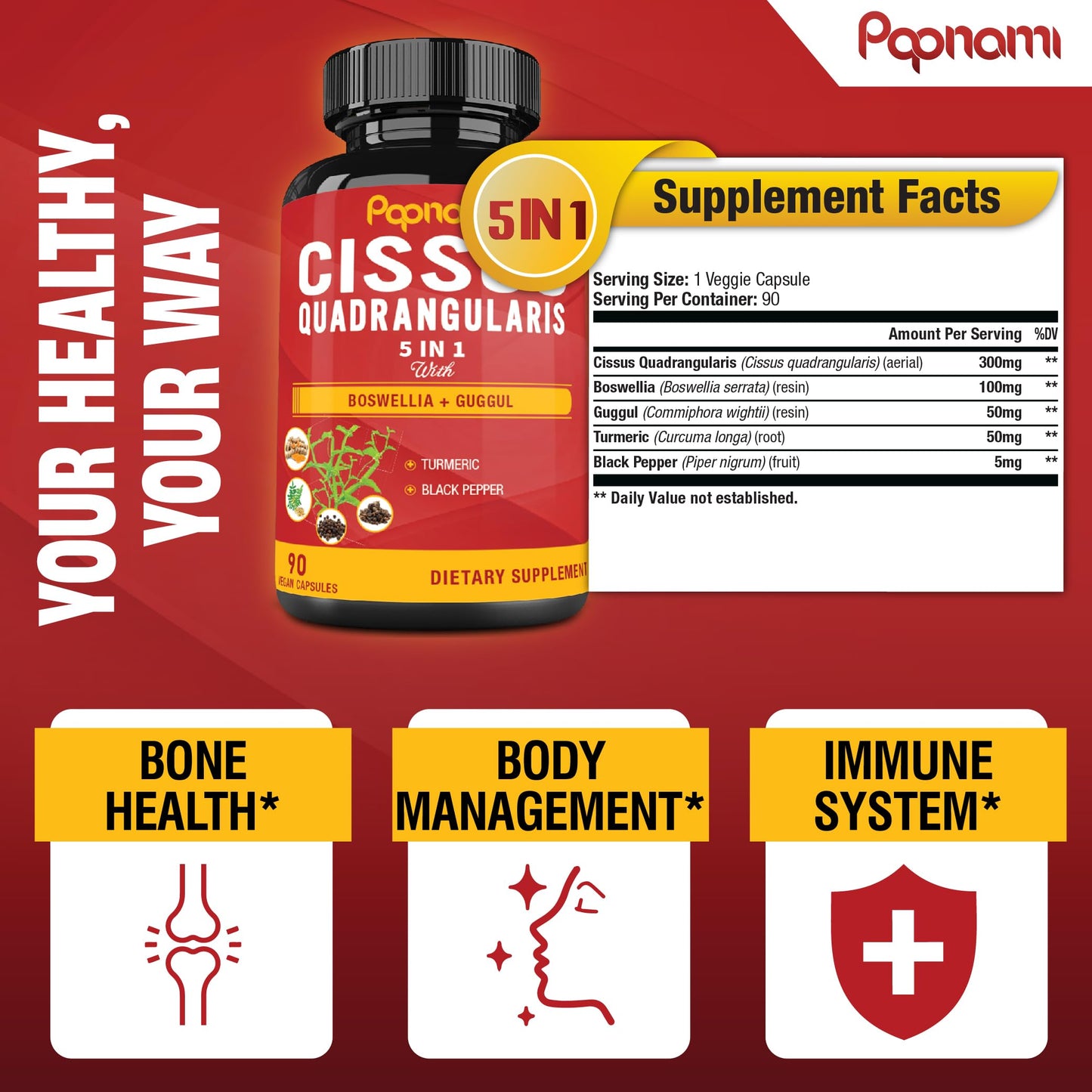 Papnami Super Cissus Quadrangularis Extract Capsules with Boswellia, Guggul, Turmeric, Pepper, 90 Count