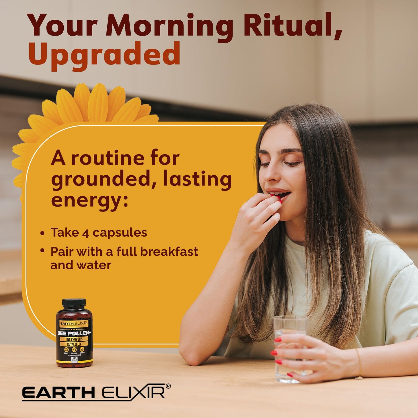 Earth Elixir 3-in-1 Organic Bee Pollen Capsule 180 Count