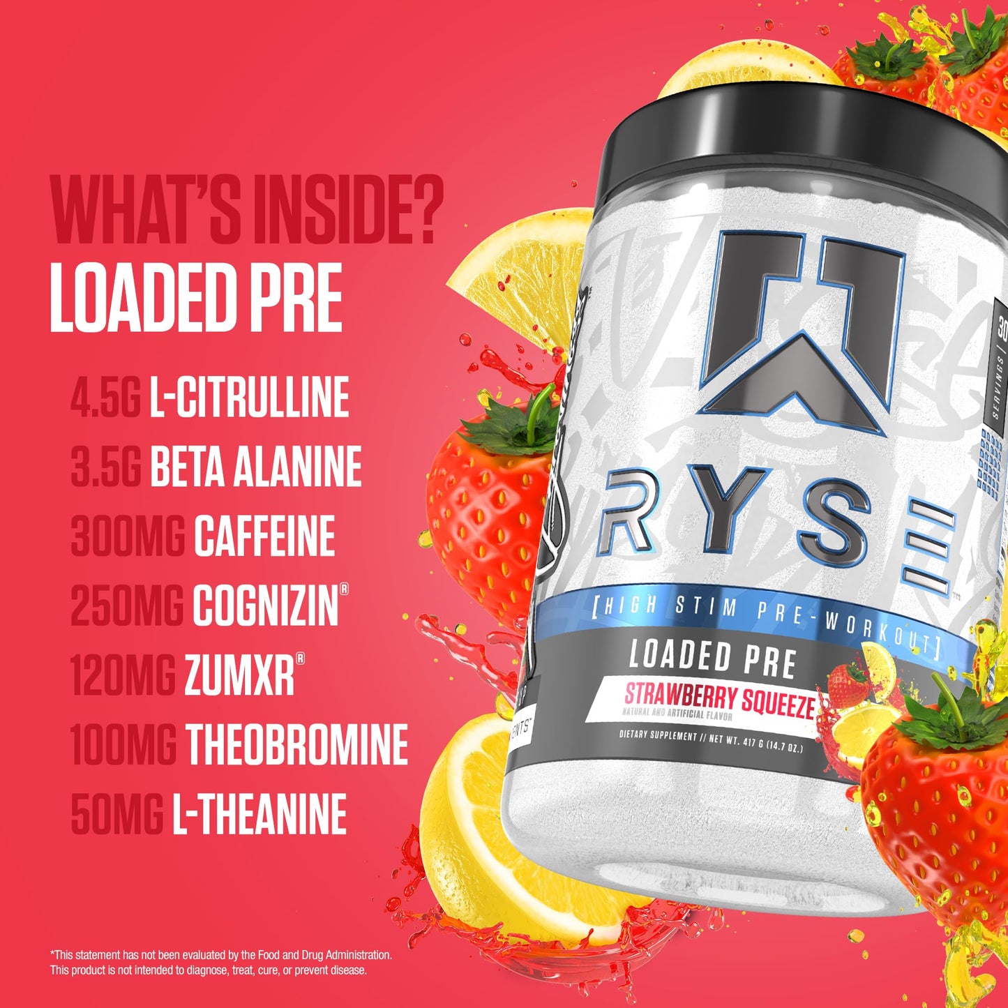 RYSE Up Supplements Loaded Pre Workout Powder Strawberry Squeeze, 15.3 Ounce