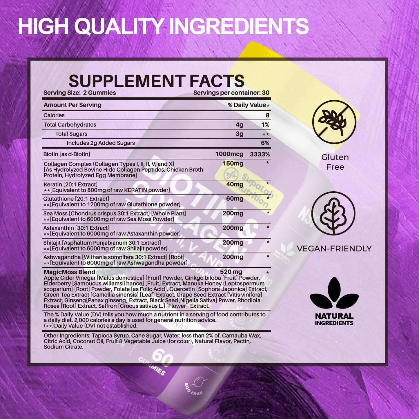 MEGNETA Beauty Gummies with Collagen, Glutathione, Astaxanthin for Hair, Skin, Bone, and Nails, 60 Gummies