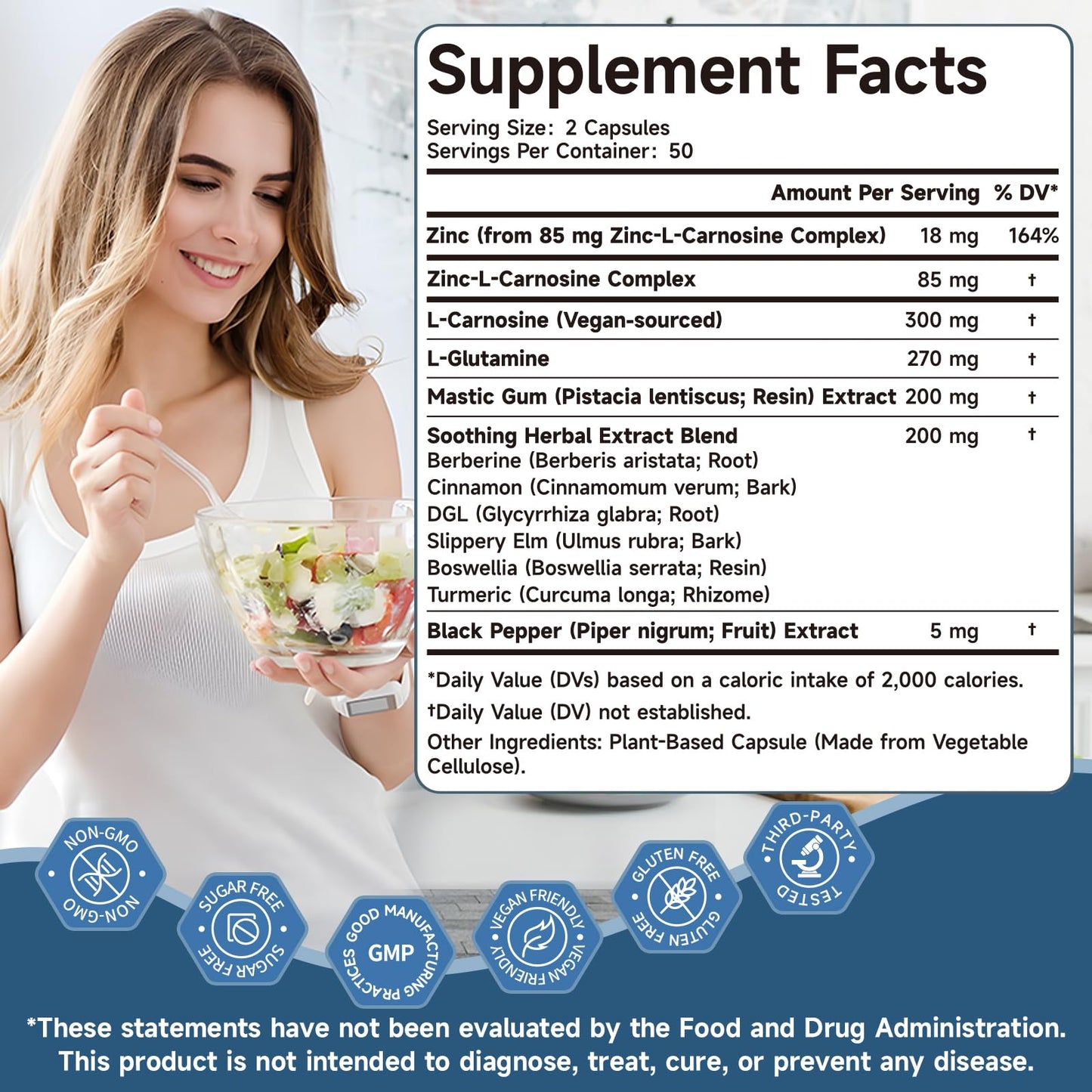 Trawecual Zinc L Carnosine Complex 85mg 11-in-1 Digestive & Gut Health Support with Soothing Blend, L-Glutamine & Mastic Gum, 200 Capsules