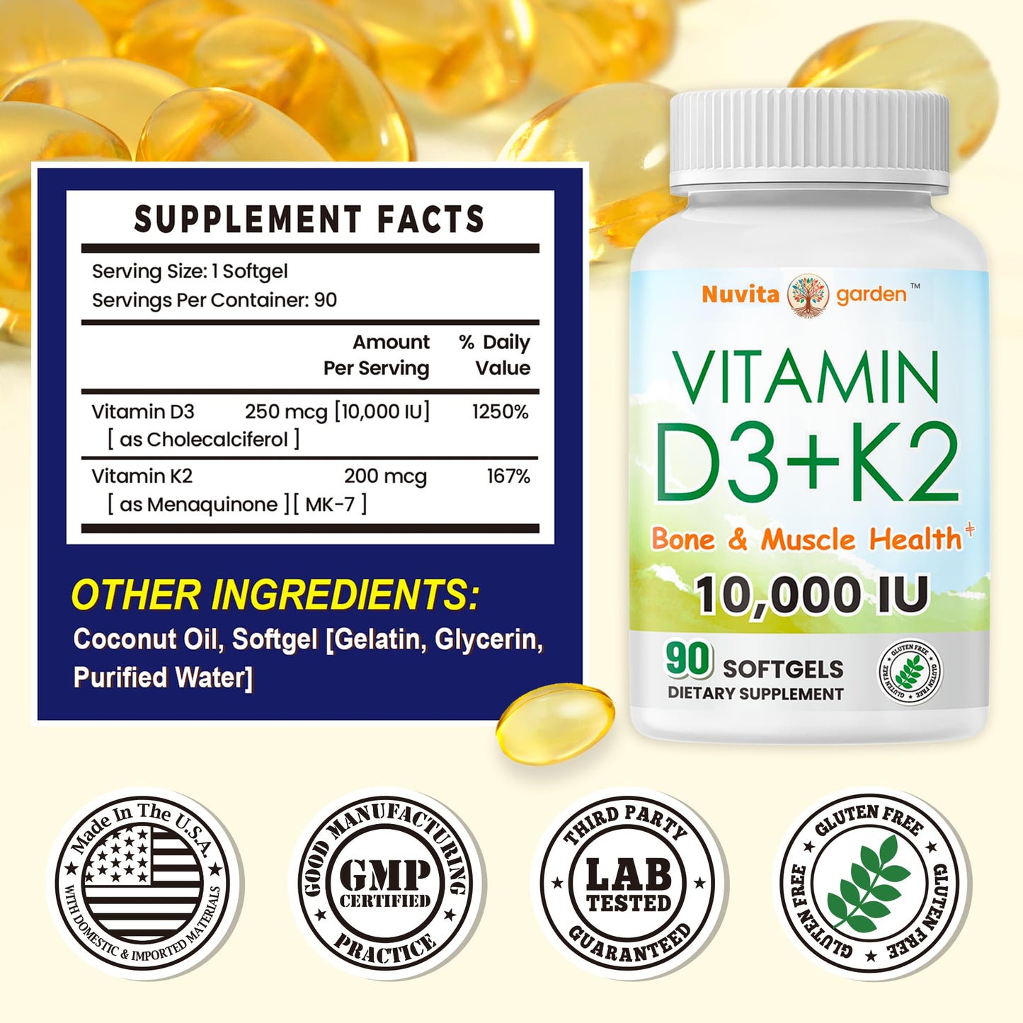 NoMiLu Vitamin D3 + K2 with Plant Based Vitamin D 10000IU & 200mcg Vitamin K2 as MK-7 - Max Absorption - Immune Support - 90 Softgels