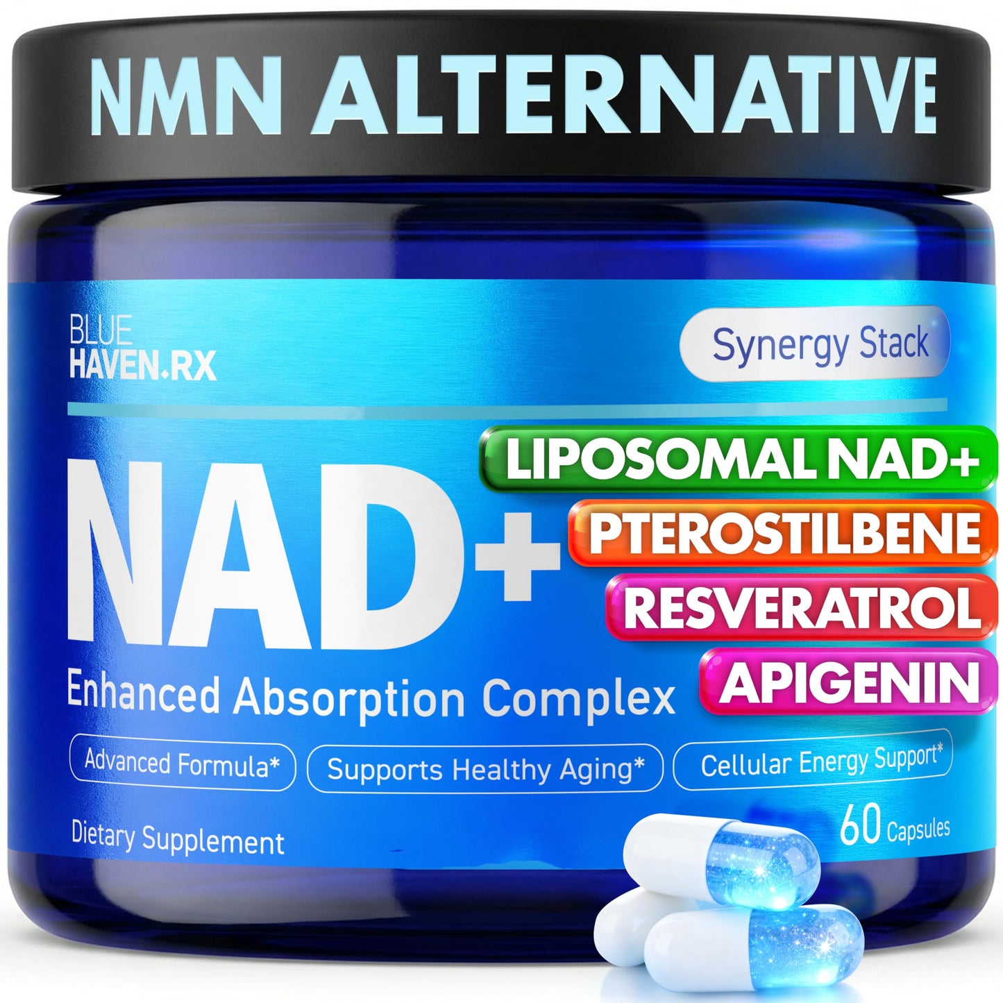 Blue Haven Rx NAD+ Supplement - NMN Alternative with Liposomal NAD+, Trans Resveratrol, Manganese, Apigenin Plus Pterostilbene for Women and Men, Anti Aging Support Capsule 60 Count