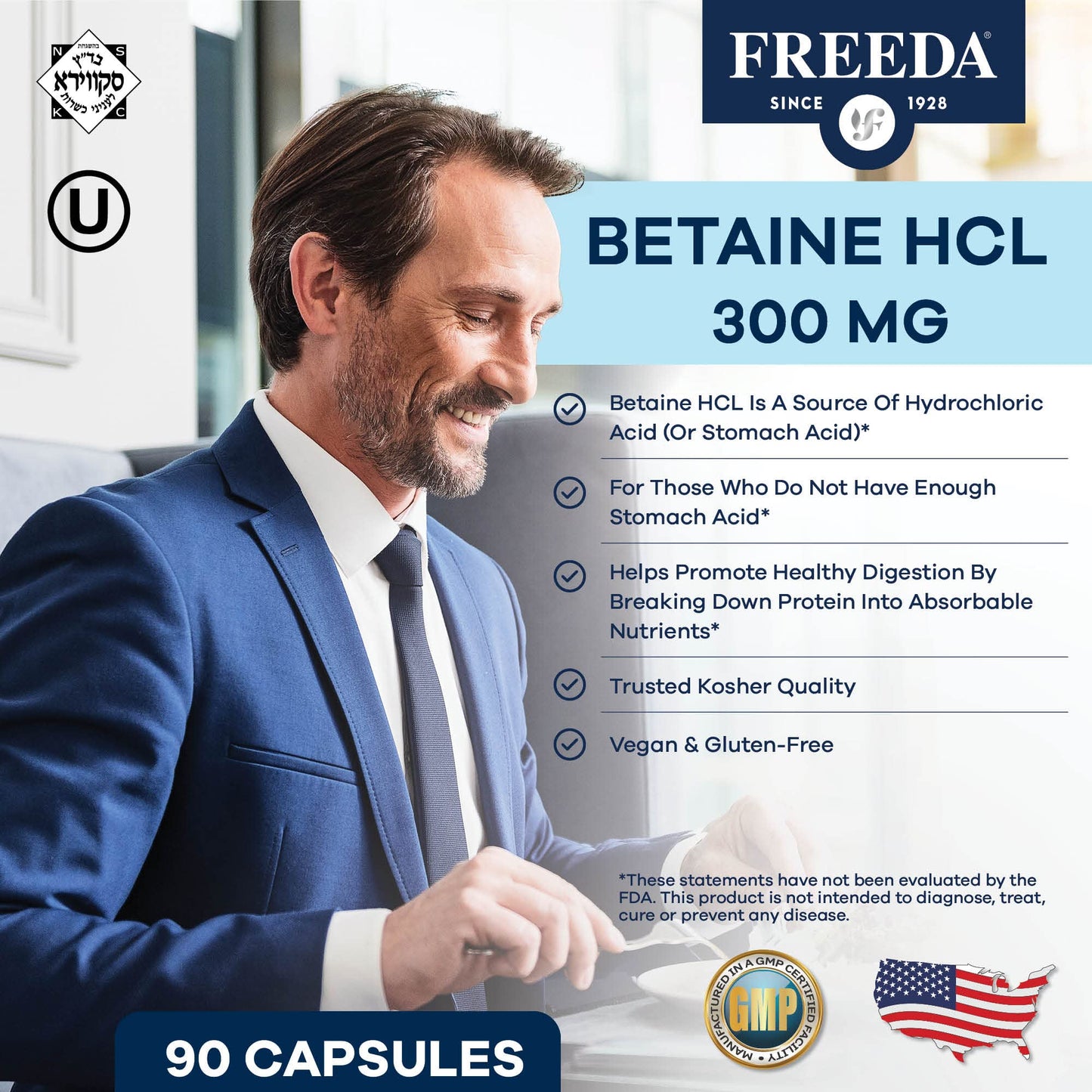 Freeda Betaine HCl Vegan Digestive Supplement Capsule, 90 Capsules