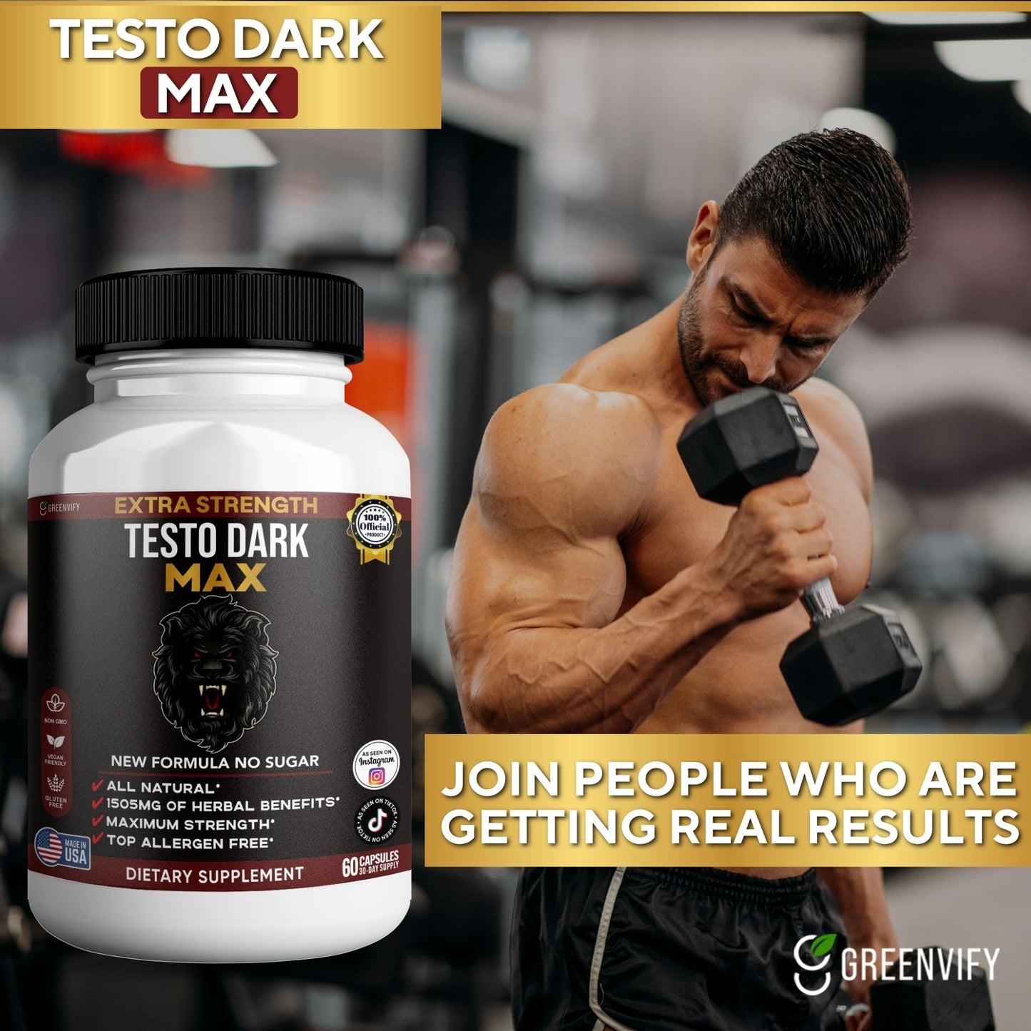 GREENVIFY Testo Dark Max Dietary Supplement, Organic Maca Root, Non-GMO, Vegan, Gluten Free, 60 Capsules