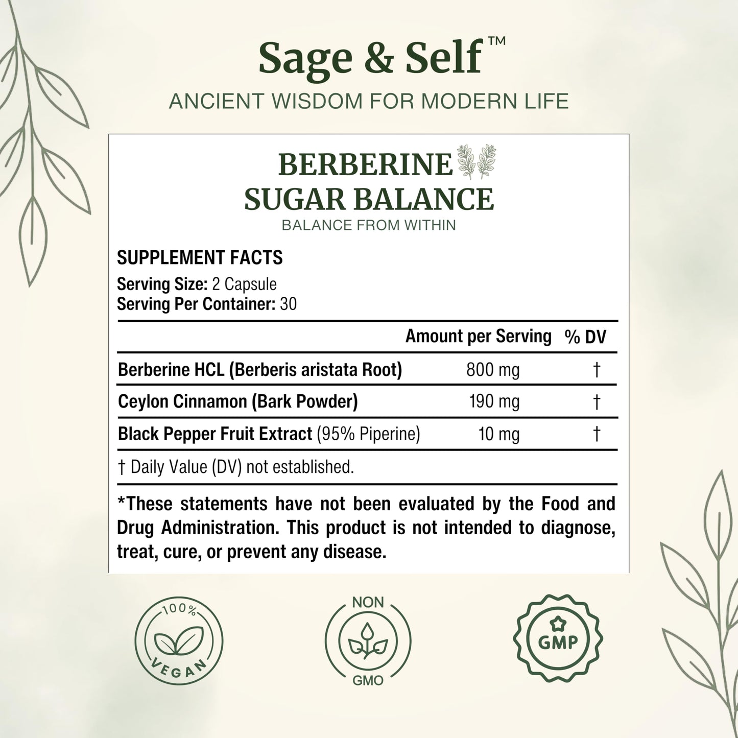 Sage & Self Berberine HCl with Ceylon Cinnamon & Black Pepper Extract – 1000 mg Formula Per Serving – Vegan Dietary Supplement – 60 Capsules