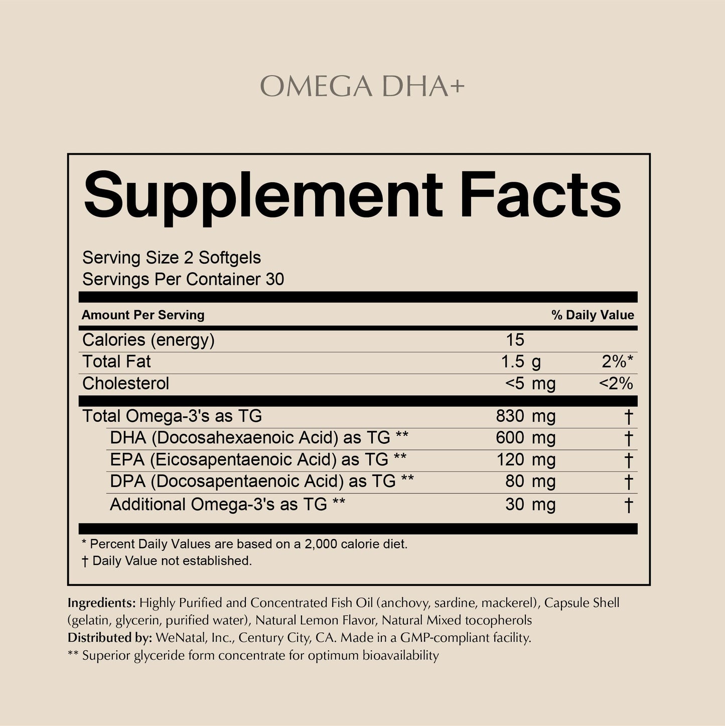 WeNatal Omega DHA+ Fish Oil Supplement Softgels with 600mg DHA, EPA, DPA, 60 Softgels