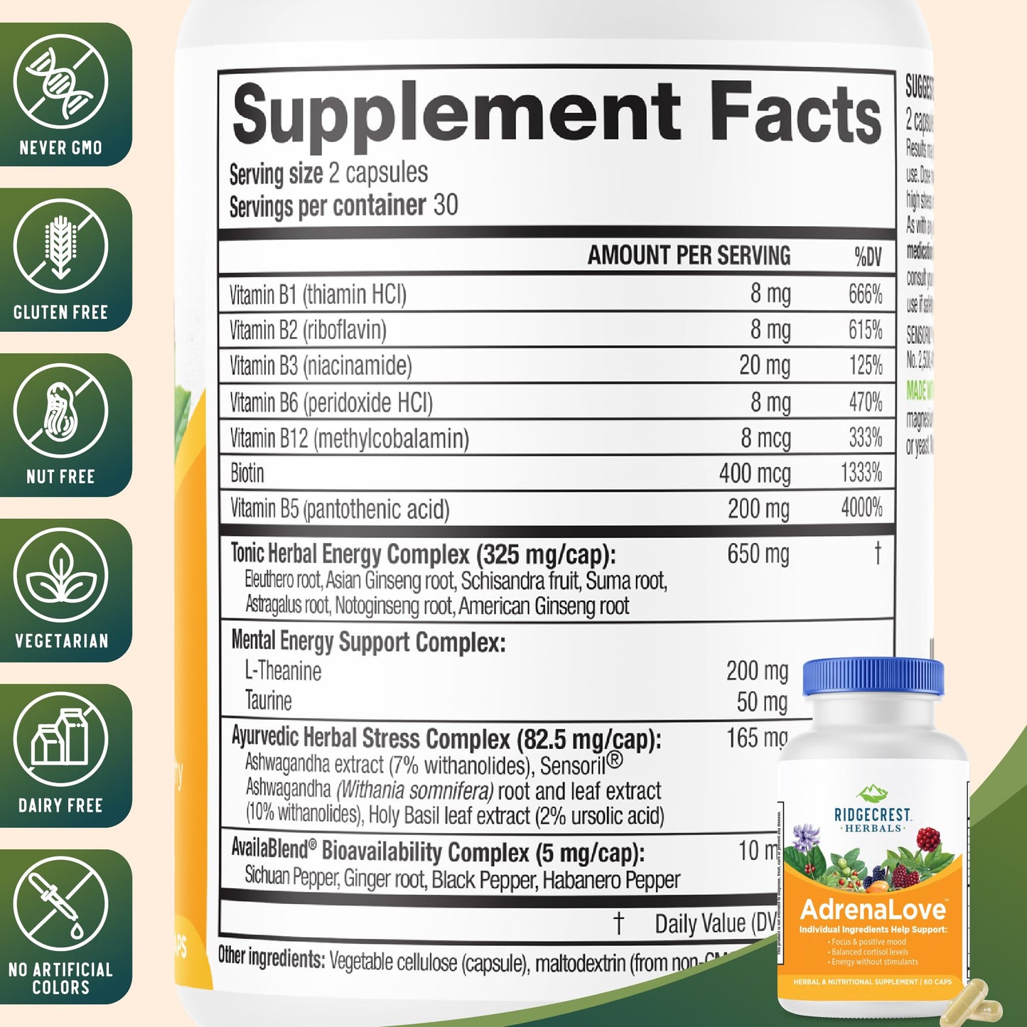 RidgeCrest Herbals AdrenaLove Adrenal Stress and Energy Support, 60 Capsules