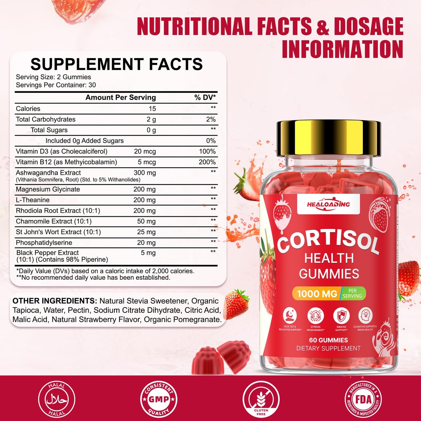 HEALOADING Cortisol Reducer Gummies for Women, with Ashwagandha, Magnesium, L-Theanine, Phosphatidylserine & Vitamin B12, 60 Gummies