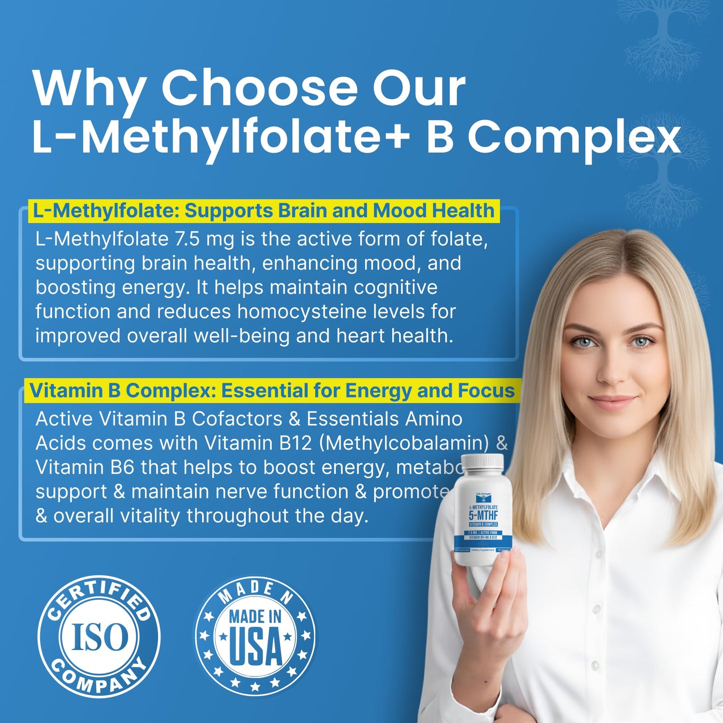 LifeStrength L-Methylfolate 7.5mg + Vitamin B Complex - 5-MTHF, B6 & B12 Methylcobalamin, 60 Capsules