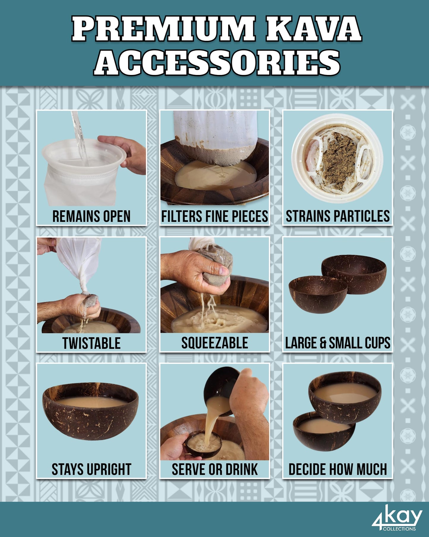 4Kay Collections Kava Strainer Bag with 2 Coconut Shell Cups - Reusable Kava Accessories Bundle Powder 1 Item