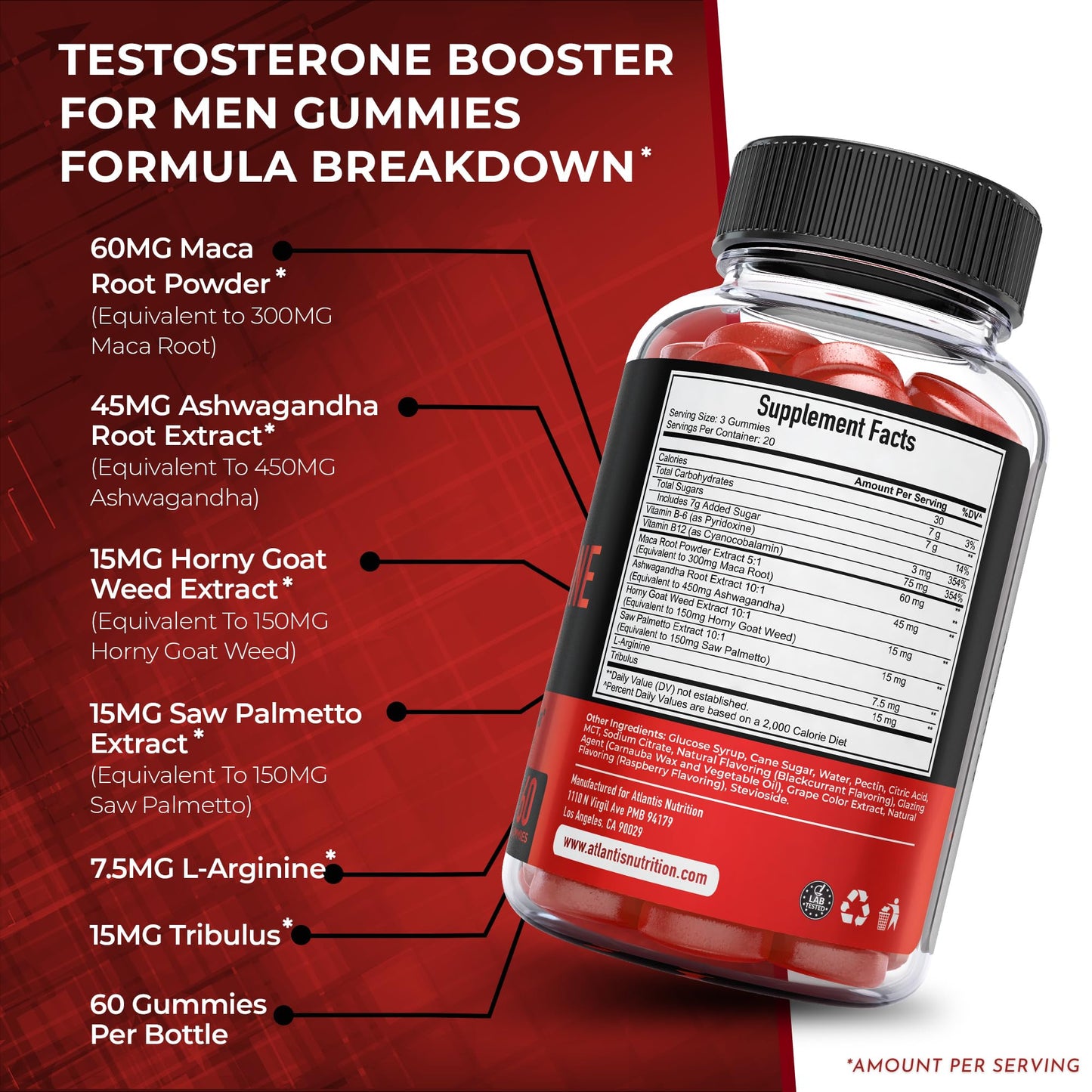 Atlantis Nutrition Testosterone Booster Gummies, 120 Gummies