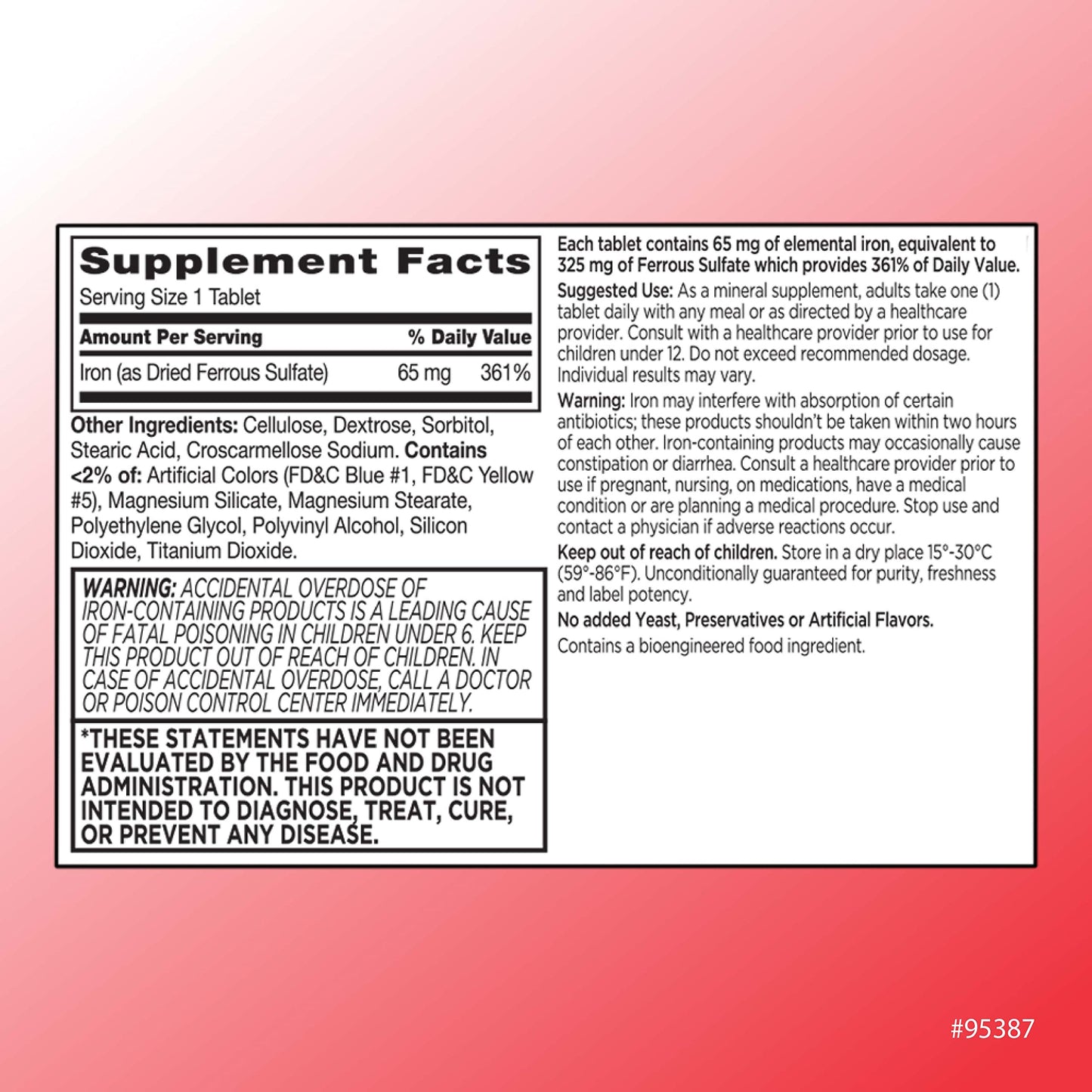 Quality Choice Iron 65 mg (325 mg Ferrous Sulfate) High Potency Iron Support Tablets, 500 Count