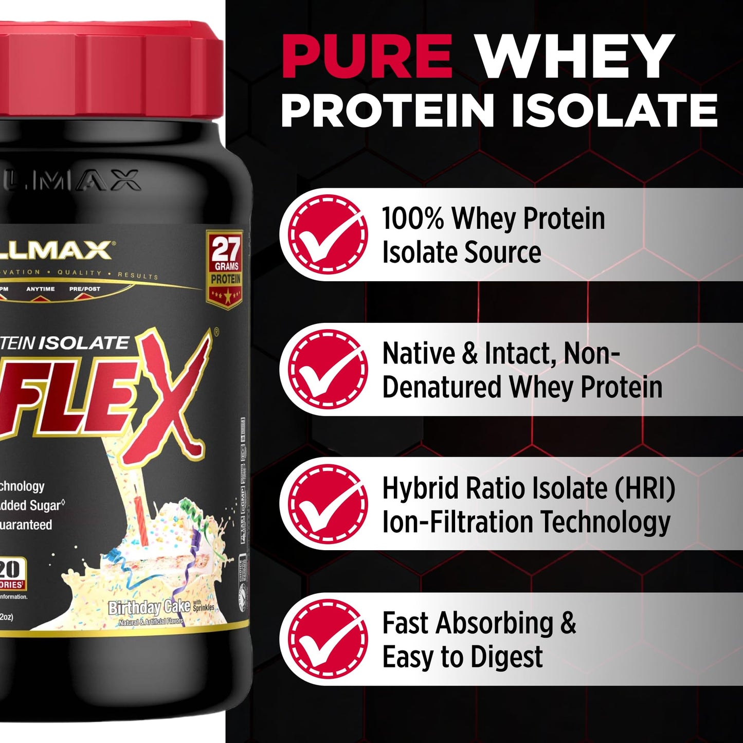 ALLMAX ISOFLEX Pure Whey Isolate Protein Powder - Birthday Cake Flavor, 32 Servings, Gluten Free, Low Lactose, Sugar-Free - High-Protein, Clean, Keto-Friendly, 2 lb