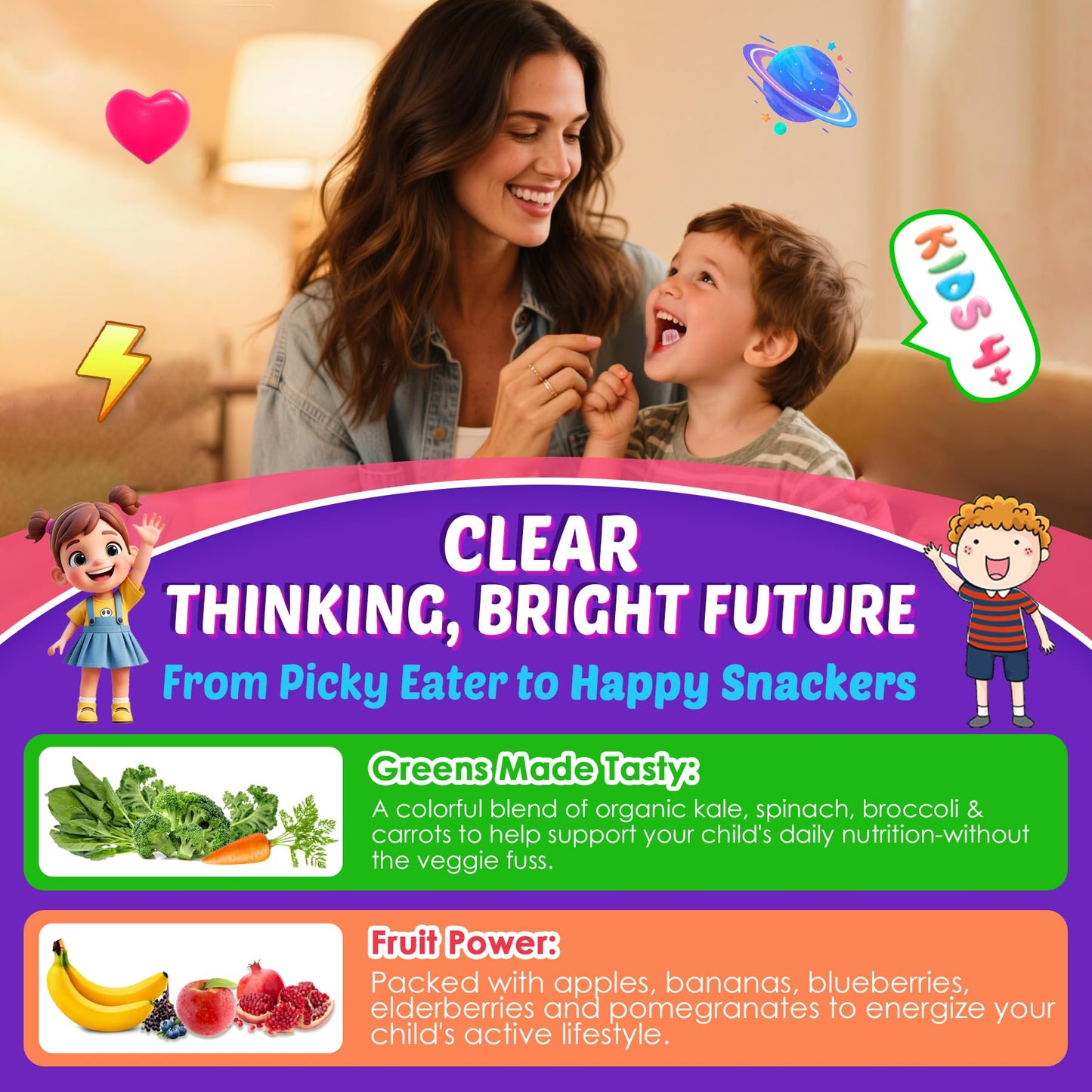Nextdia Kid Focus Gummies with Lion's Mane – Methyl B6, B9, B12 + Super Greens, Focus & Attention, Cognitive Function & Energy & Vision Support, 59 Gummies