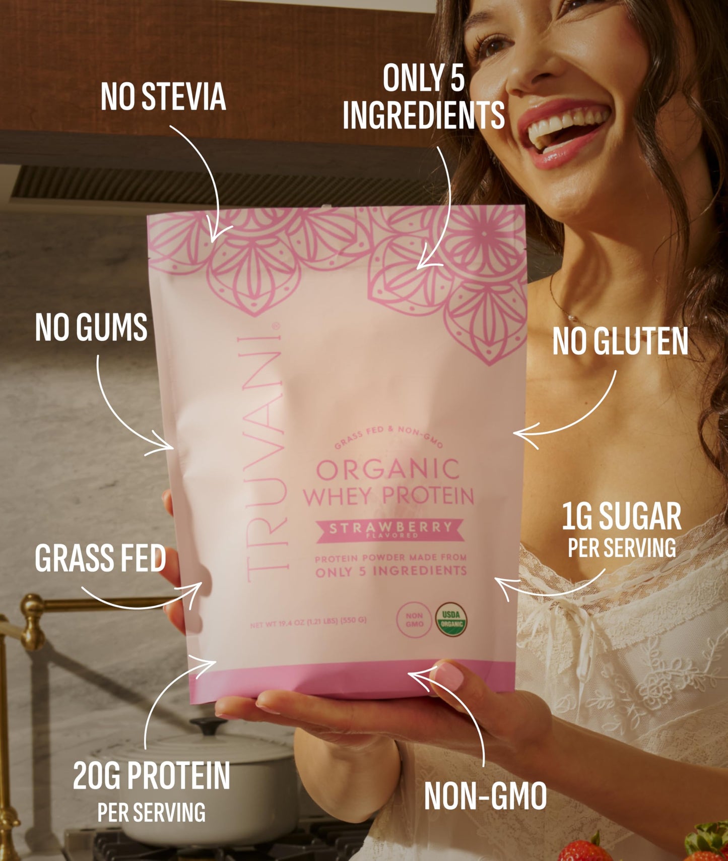 Truvani Organic Whey Protein Powder Strawberry, 0.97 Ounce