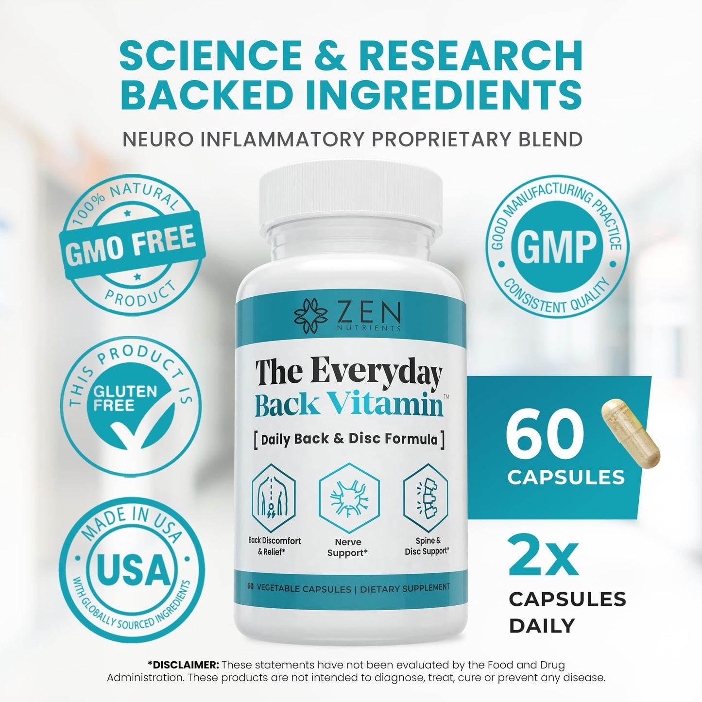 Zen Nutrients The Everyday Back Vitamin for Lower Back Relief & Nerve Function Support Supplement - Back, Disc and Nerve Relief with Alpha Lipoic Acid, Turmeric & Glucosamine, 60 Capsules
