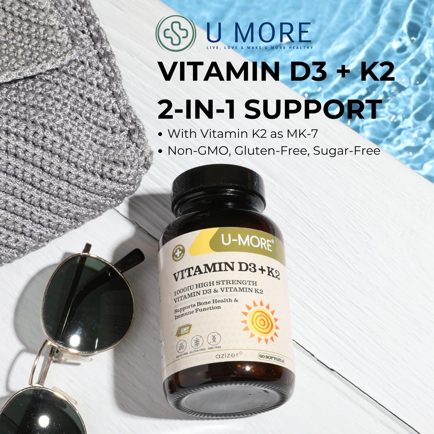 U-MORE Vitamin D3 & K2 (Menaquinone 7) 1000 IU Softgels 60 Count
