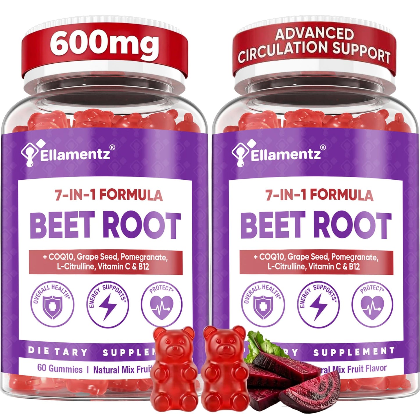 ELLAMENTZ Beet Root Gummies for Healthy Circulation & Oxygen Flow - Pomegranate Nitric Oxide Booster with CoQ10, L-Citrulline, Grape Seed & B12 - Sugar Free, 120 Gummies