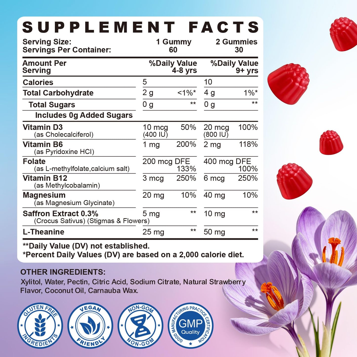 SEPT YAN Saffron Gummies for Kids with Magnesium L-Theanine, Vitamin D3, B6 & B12, Saffron – Focus & Mood Support, 60 Count