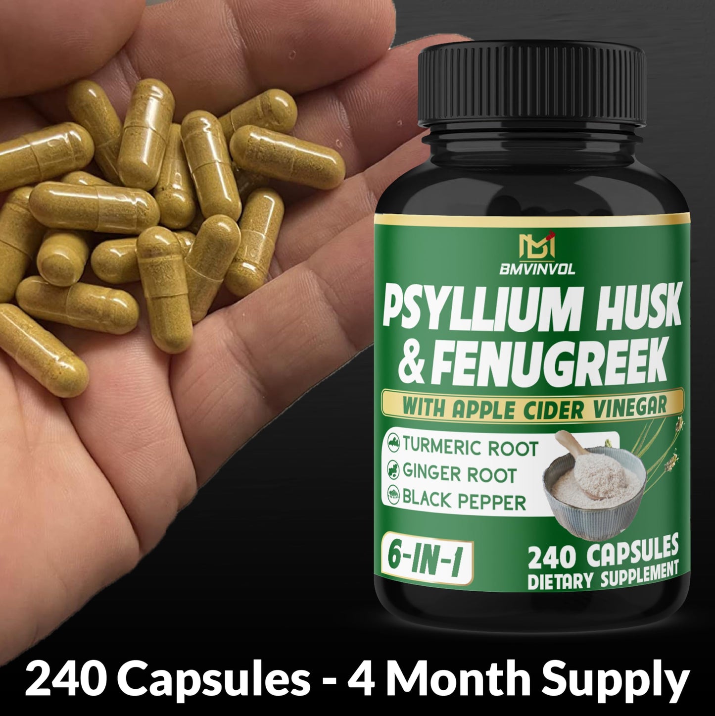 BMVINVOL 6in1 Psyllium Husk, Fenugreek, Apple Cider Vinegar, Turmeric, Ginger, Black Pepper Capsules, 240 Count