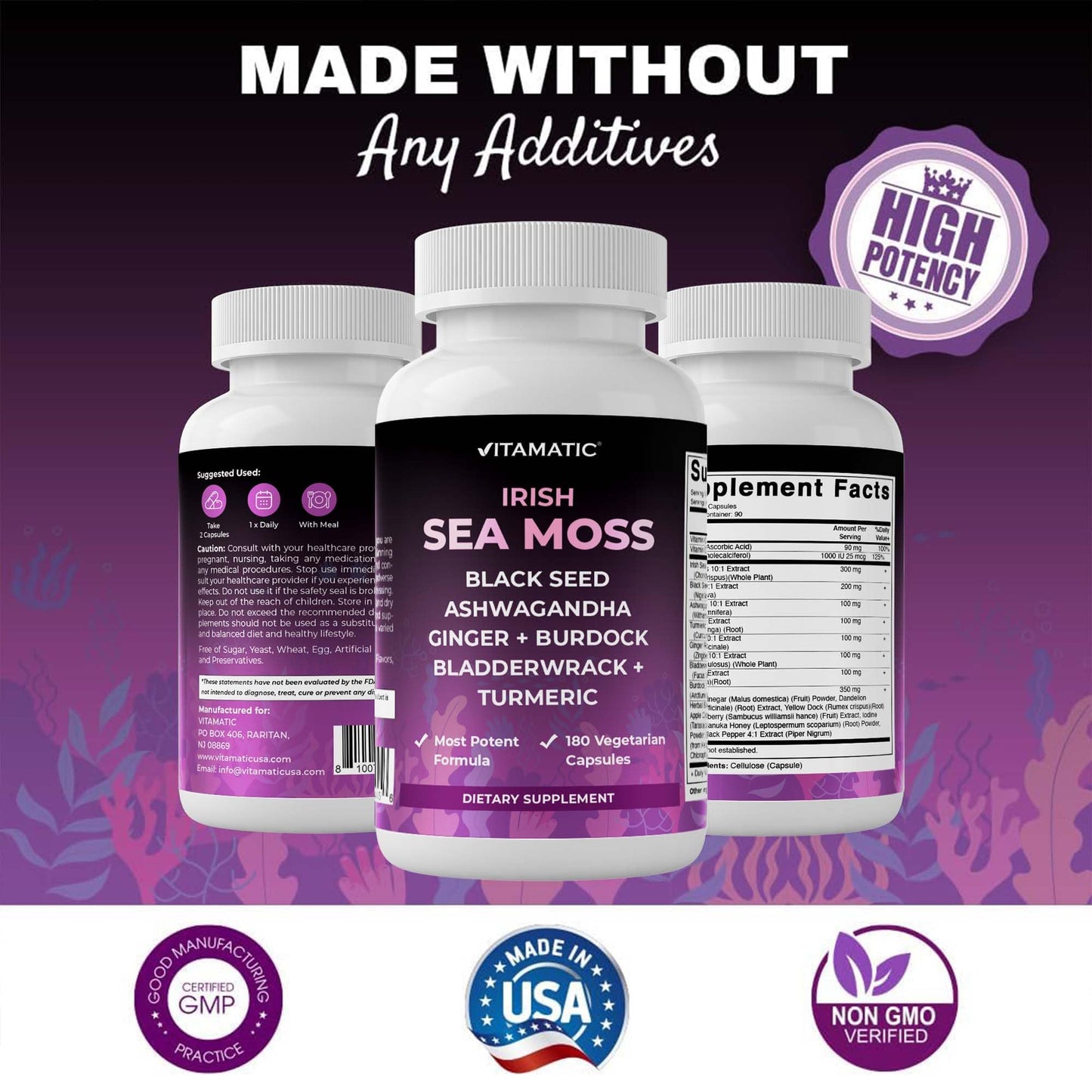 Vitamatic Sea Moss with Black Seed Oil, Ashwagandha, Turmeric, Bladderwrack & Burdock Concentrated Botanical Extract Plant-Based Capsules, 180 Count