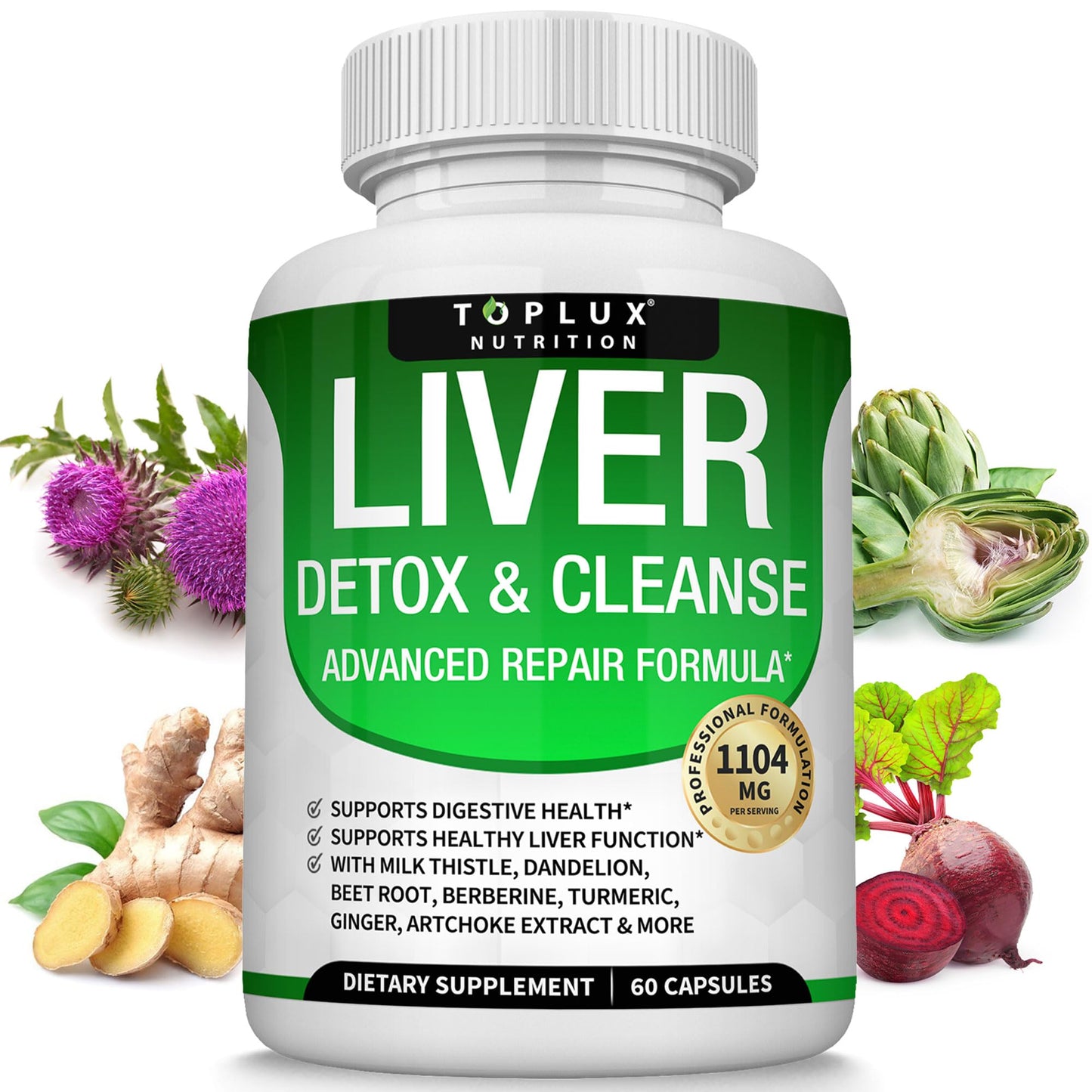 Toplux Liver Cleanse Detox & Repair Formula Liver Detox Supplement – Milk Thistle with Dandelion, Artichoke, Turmeric, Beet Root, Turmeric & More for Natural Fast Herbal Cleansing Non-GMO Vegan 60 Capsules