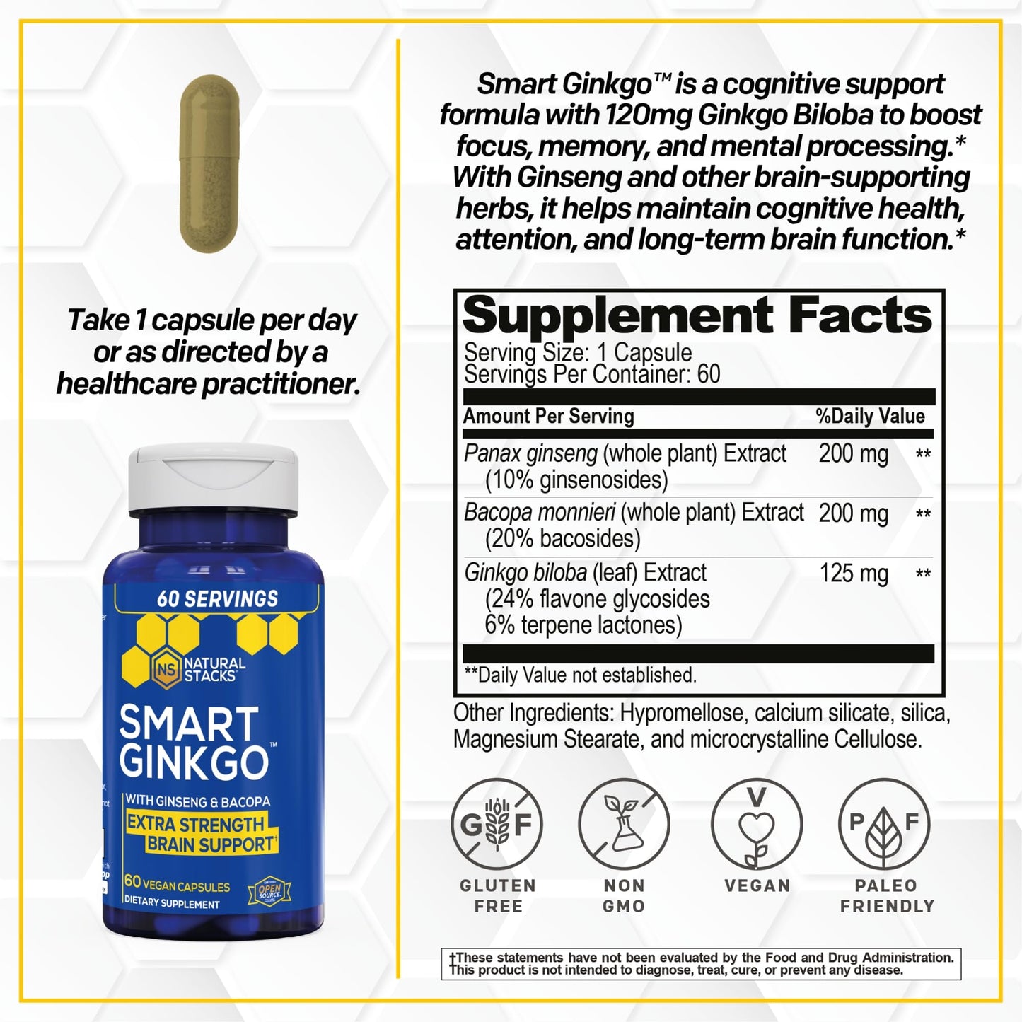 Natural Stacks Ginkgo Biloba Supplement with 200mg Panax Ginseng & 200mg Bacopa Monnieri – Brain Health & Focus Support – 60 Capsules