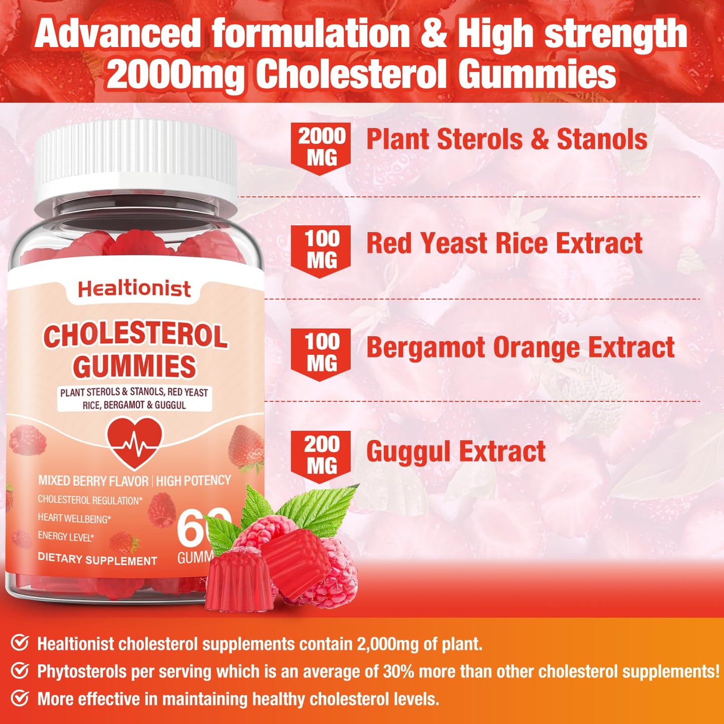 Healtionist Cholesterol Gummies with 2000 mg Plant Sterols & Stanols, Citrus Bergamot, Red Yeast Rice, Mixed Berry Flavor, 120 Gummies