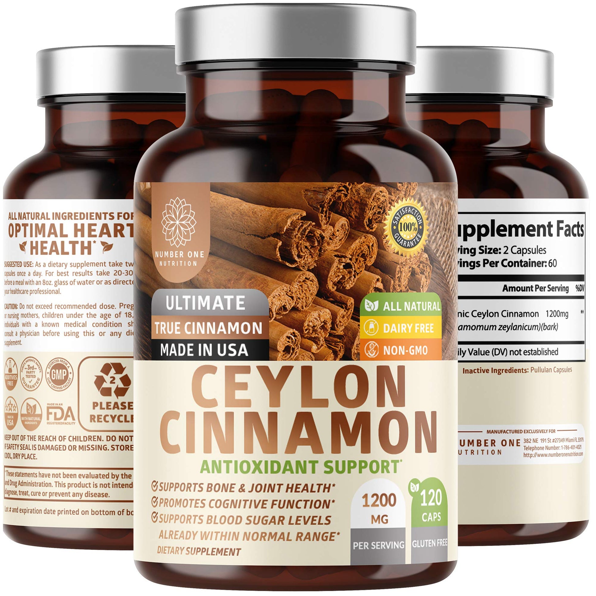 Number One Nutrition N1N Premium Ceylon Cinnamon 1200mg Capsules, 120 Count
