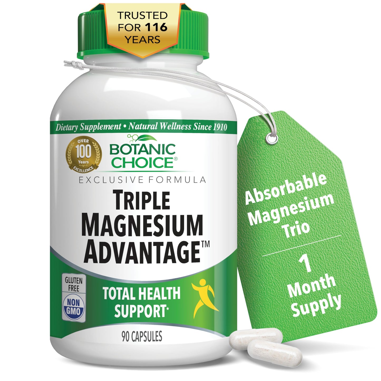 Botanic Choice Triple Magnesium Advantage Magnesium Aspartate Citrate & Lactate Complex Supplement for Nerve, Digestive, Muscular & Heart Health for Men & Women, 90 Capsules