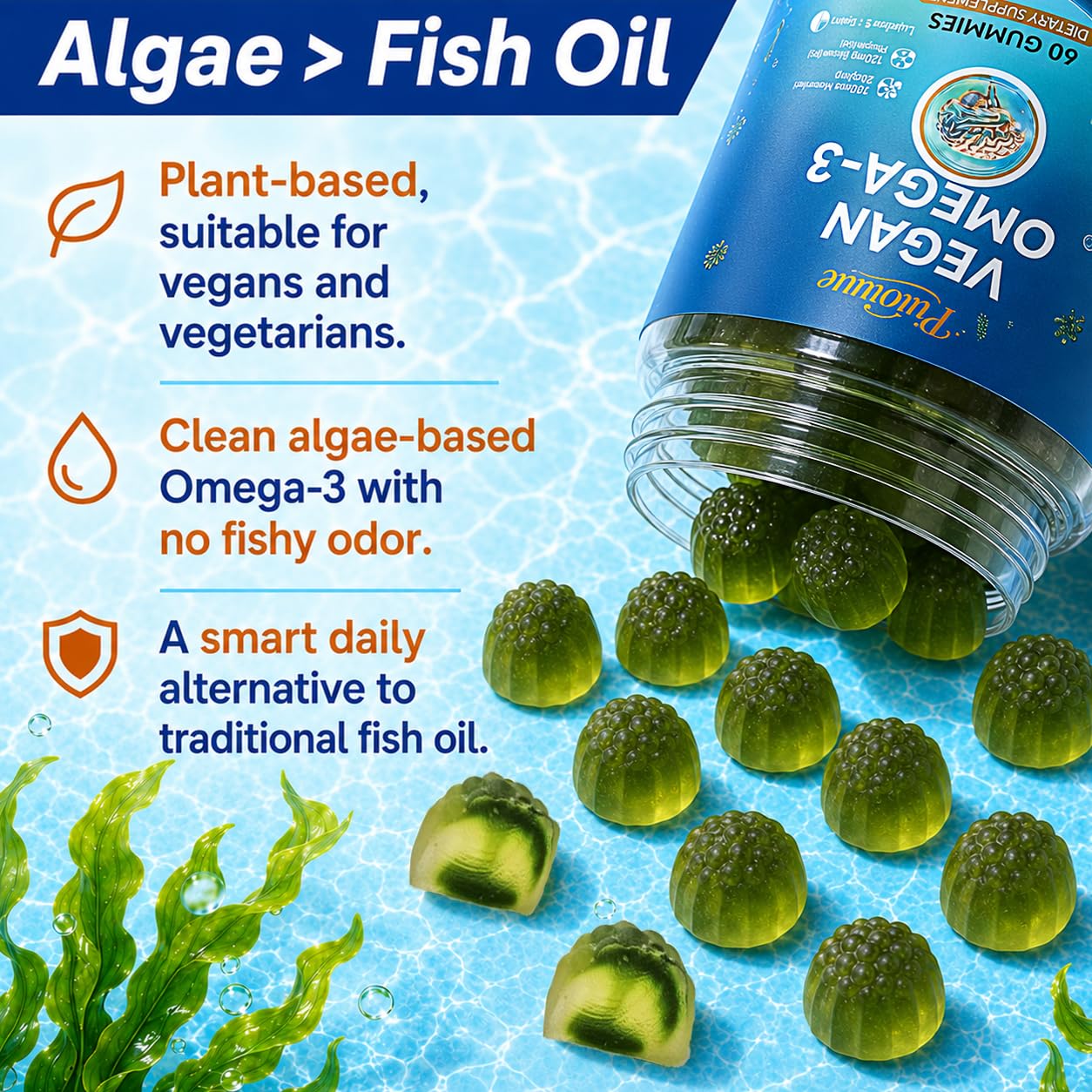 Piuoiuue Vegan Omega-3 Gummies with Algae DHA & EPA, Gummy, 60 Count