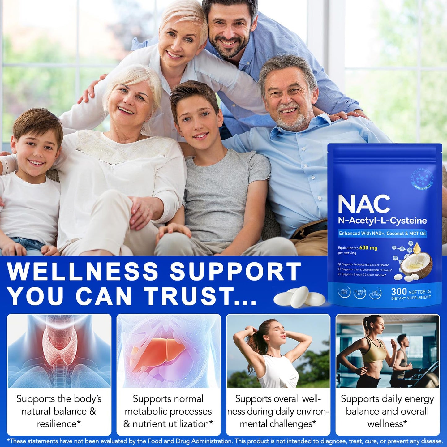 Vawcrn NAC Softgel 600mg NAD+-Enhanced N-Acetyl Cysteine with Coconut & MCT Oil for Superior Absorption, Antioxidant, Liver Detox & Cellular Health, Non-GMO, Gluten-Free, 300 Softgels