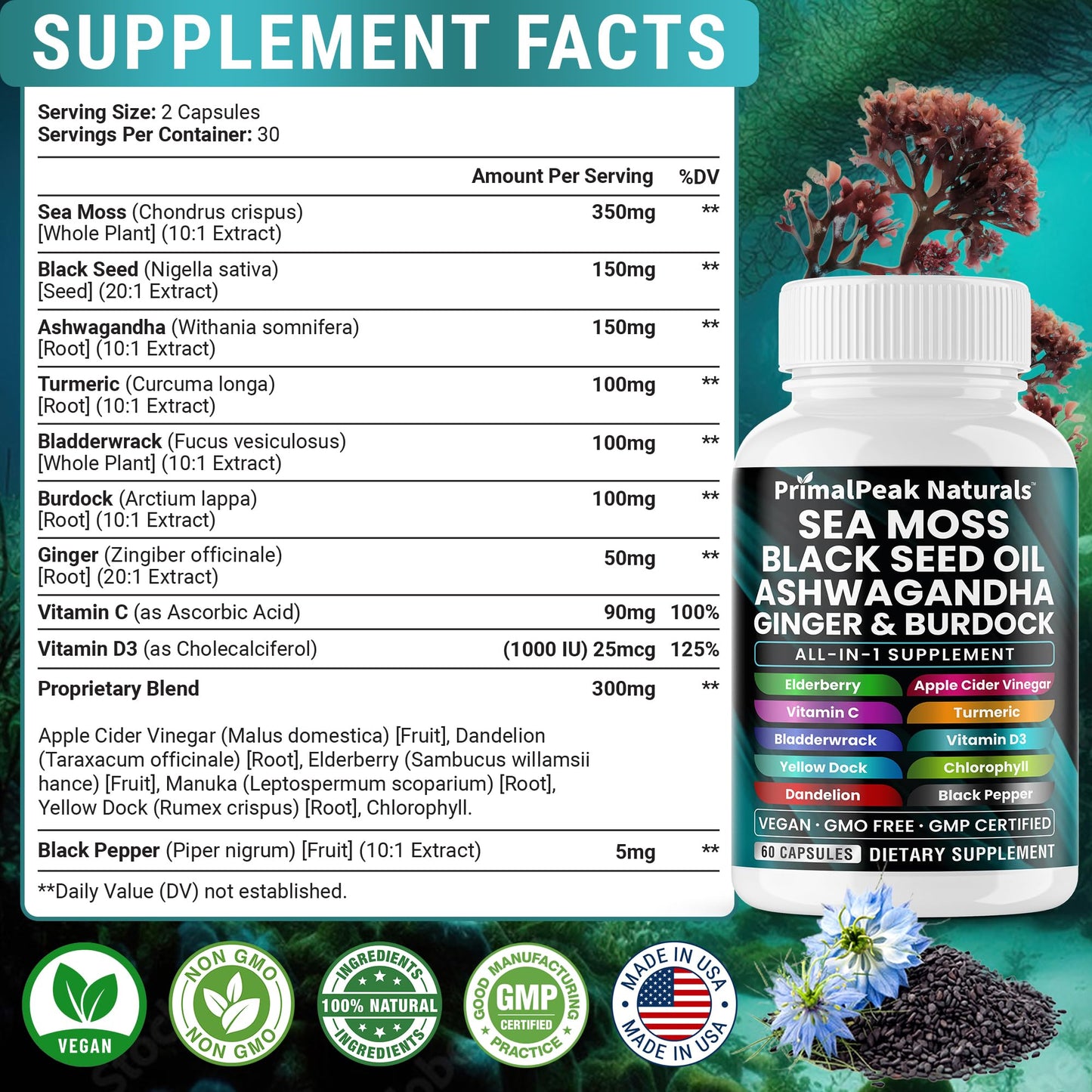 PrimalPeak Naturals Sea Moss Black Seed Oil Ashwagandha Ginger Burdock Bladderwrack Turmeric & Vitamin C Vitamin D3 with ACV Elderberry Chlorophyll Dandelion Yellow Dock Vegan Capsules - 120 Count
