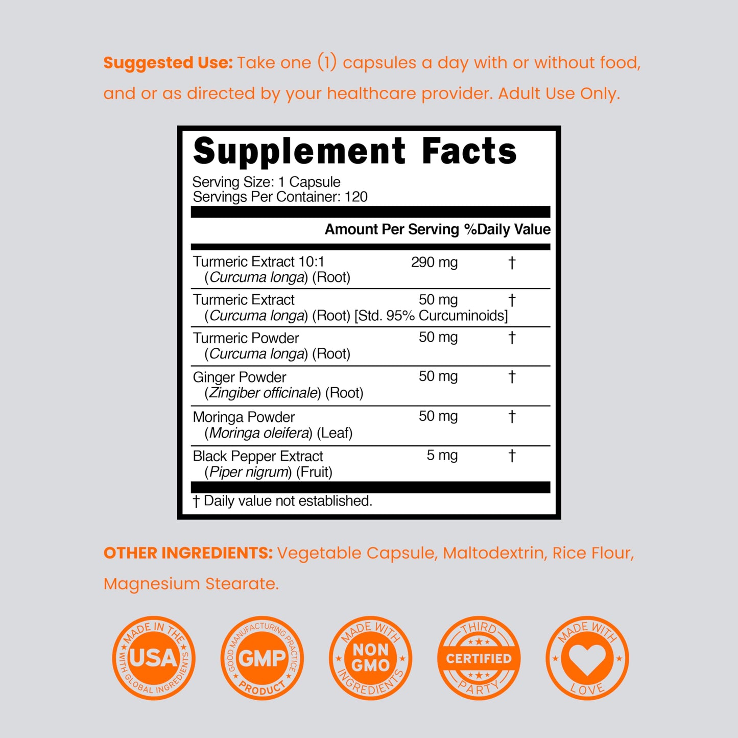DORADO NUTRITION Turmeric Curcumin Supplement with Black Pepper, Ginger, Moringa (Made with 95% Curcuminoids) Third Party Tested, Non-GMO, Gluten Free - USA Made - 120 Capsules