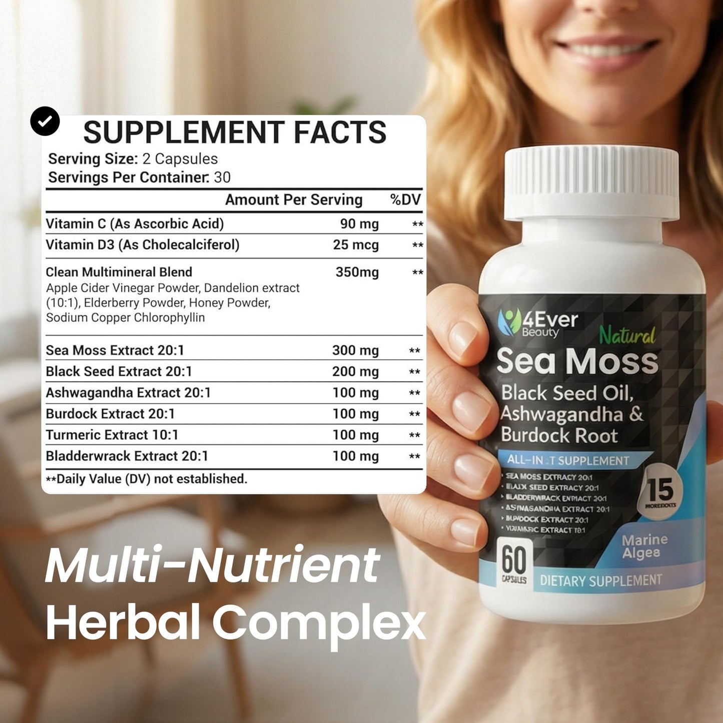 4Ever Beauty Sea Moss Capsules with Black Seed Oil & Ashwagandha, 60 Count