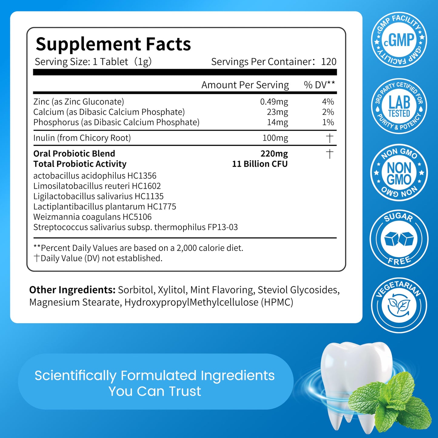 Vitarevive Oral Probiotics Prebiotic for Women & Men Gum Restore & Dry Mouth Lozenges Tablets, 120 Count